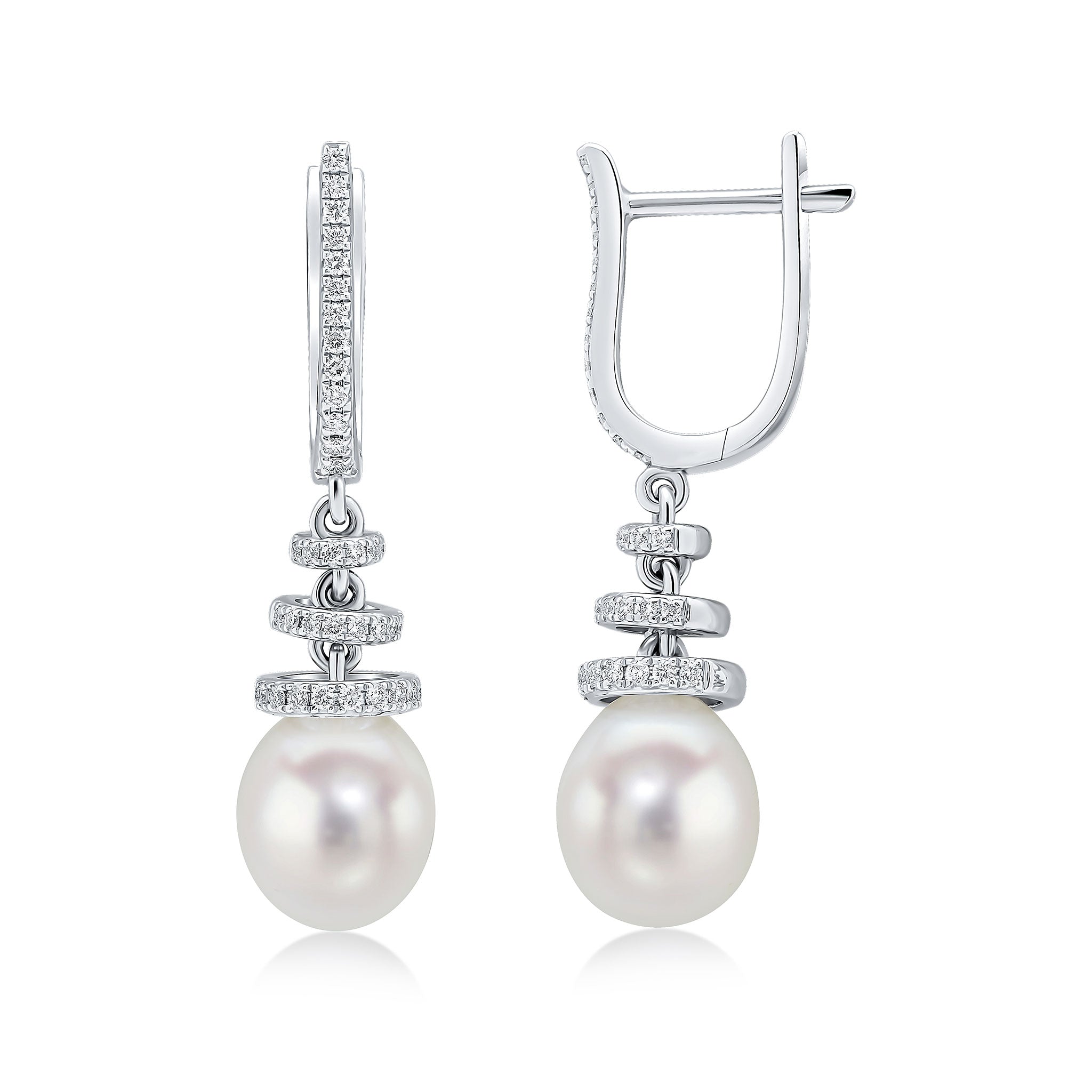 18ct White Gold Freshwater Cultured Pearl Diamond Hoop and Spiral Top Earrings