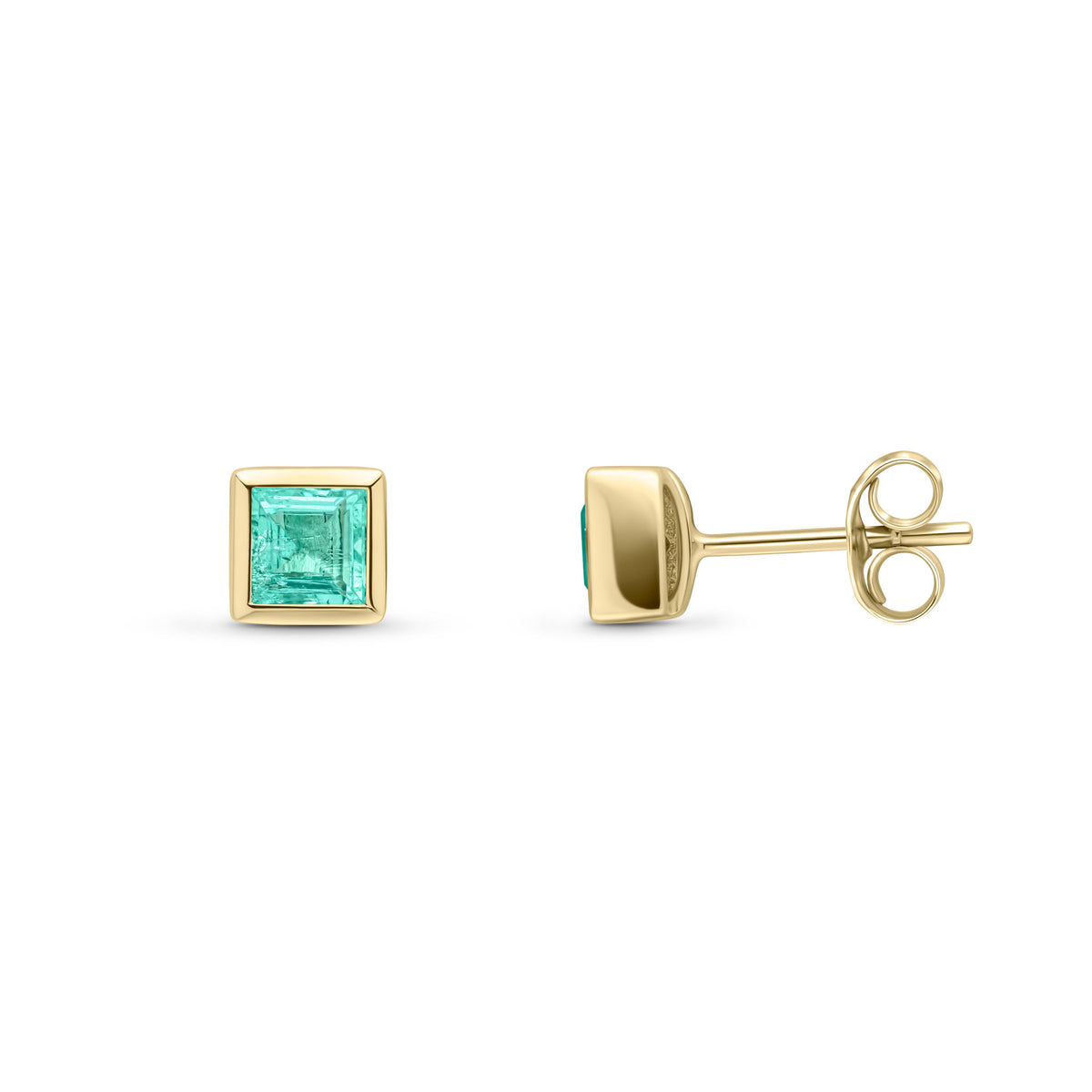9ct Yellow Gold 4mm Square Emerald Rubover Set Earrings