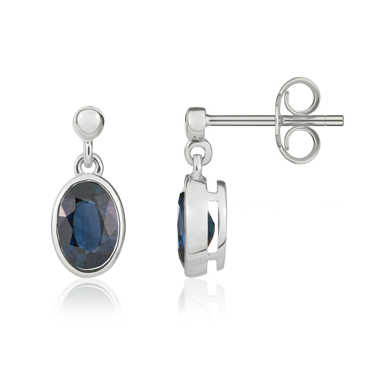 9ct White Gold 7x5mm Oval Sapphire Rubover Drop Earrings with Bead Top