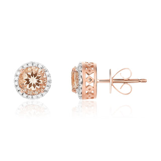 9ct rose gold 6mm Round morganite And Diamond Claw Cluster Earrings.