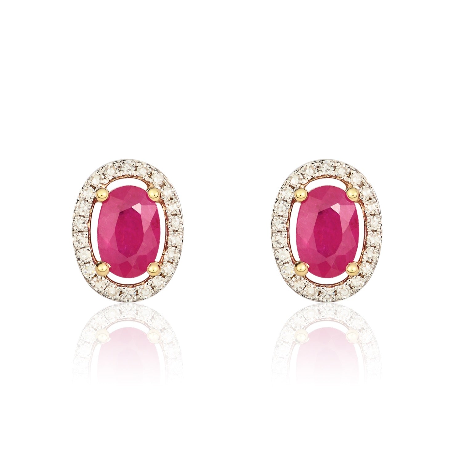 9ct Yellow Gold 6x4 Oval Ruby and Round Diamond Halo Cluster Earrings Rhodium to Diamonds