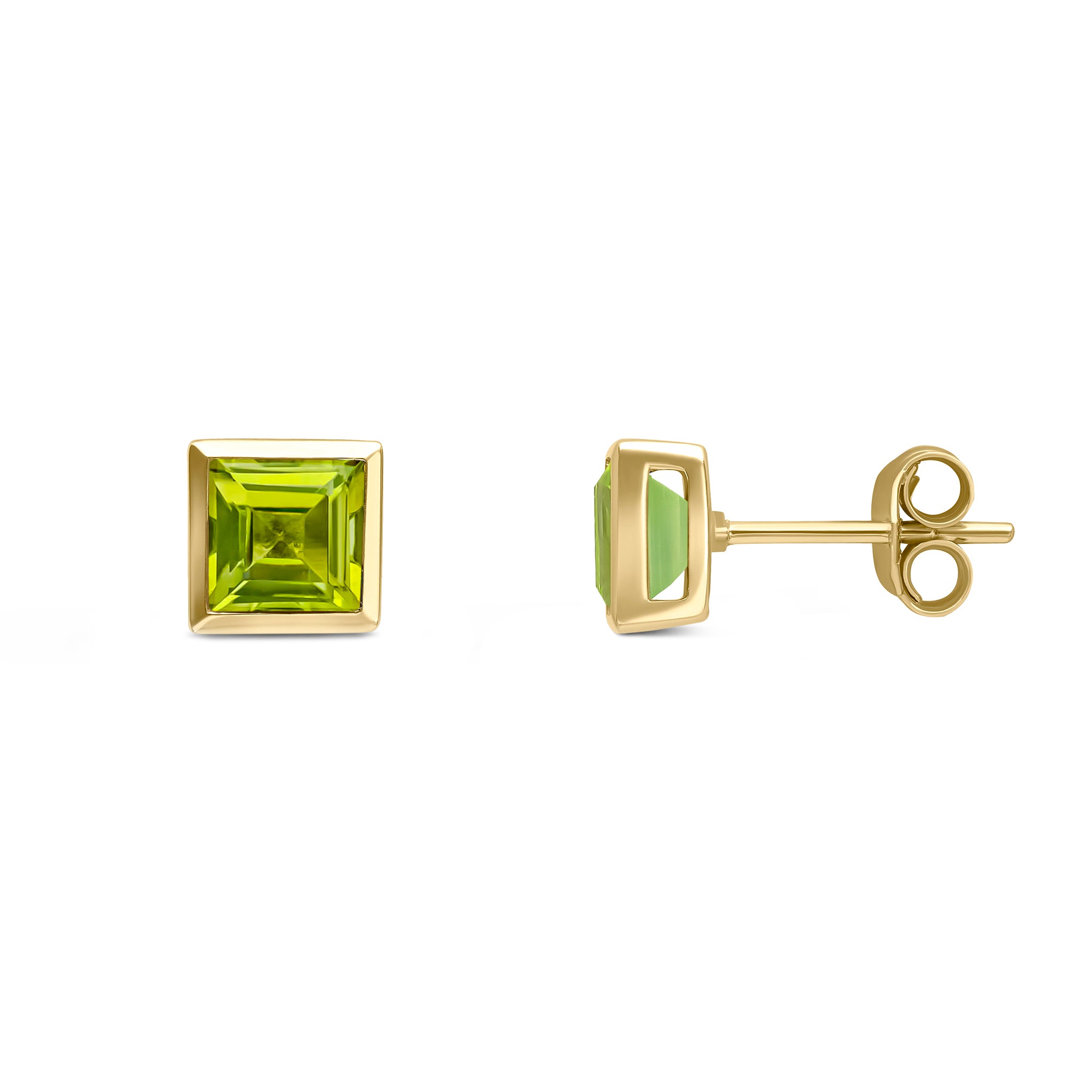 9ct Yellow Gold 5mm Square Peridot Rubover Set Earrings