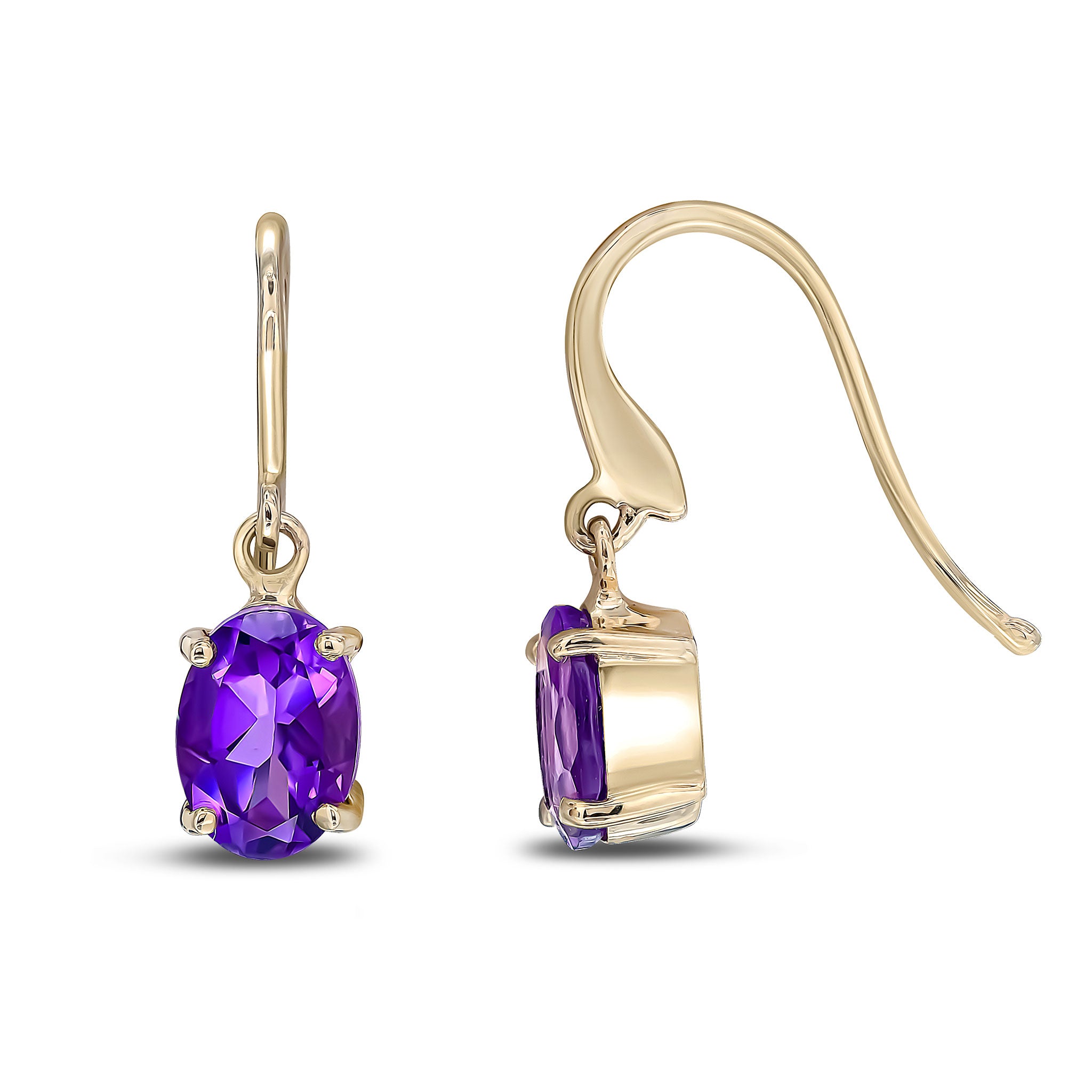 9ct Yellow Gold 7x5 Oval Amethyst Claw Set Drop Earrings with Hook Wire Fitting