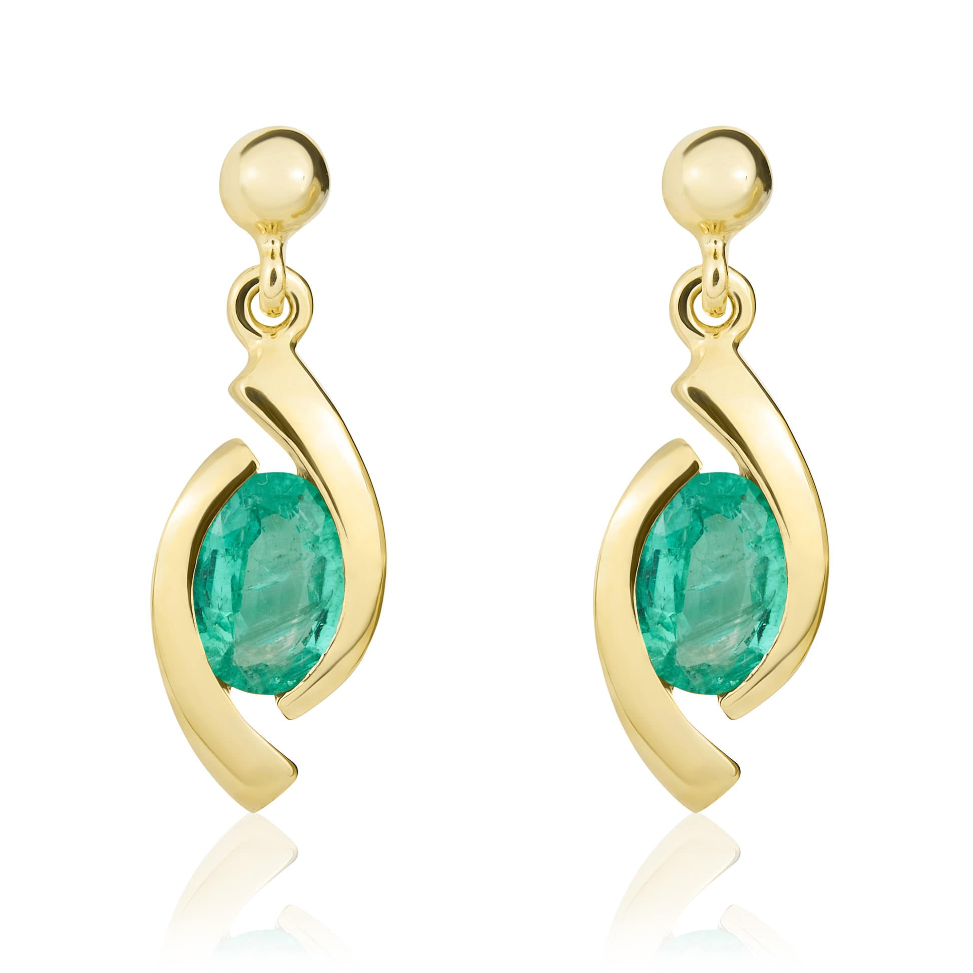 9ct Yellow Gold 6x4 Oval Emerald 'eye' Drop Earrings with 3mm Bead Top