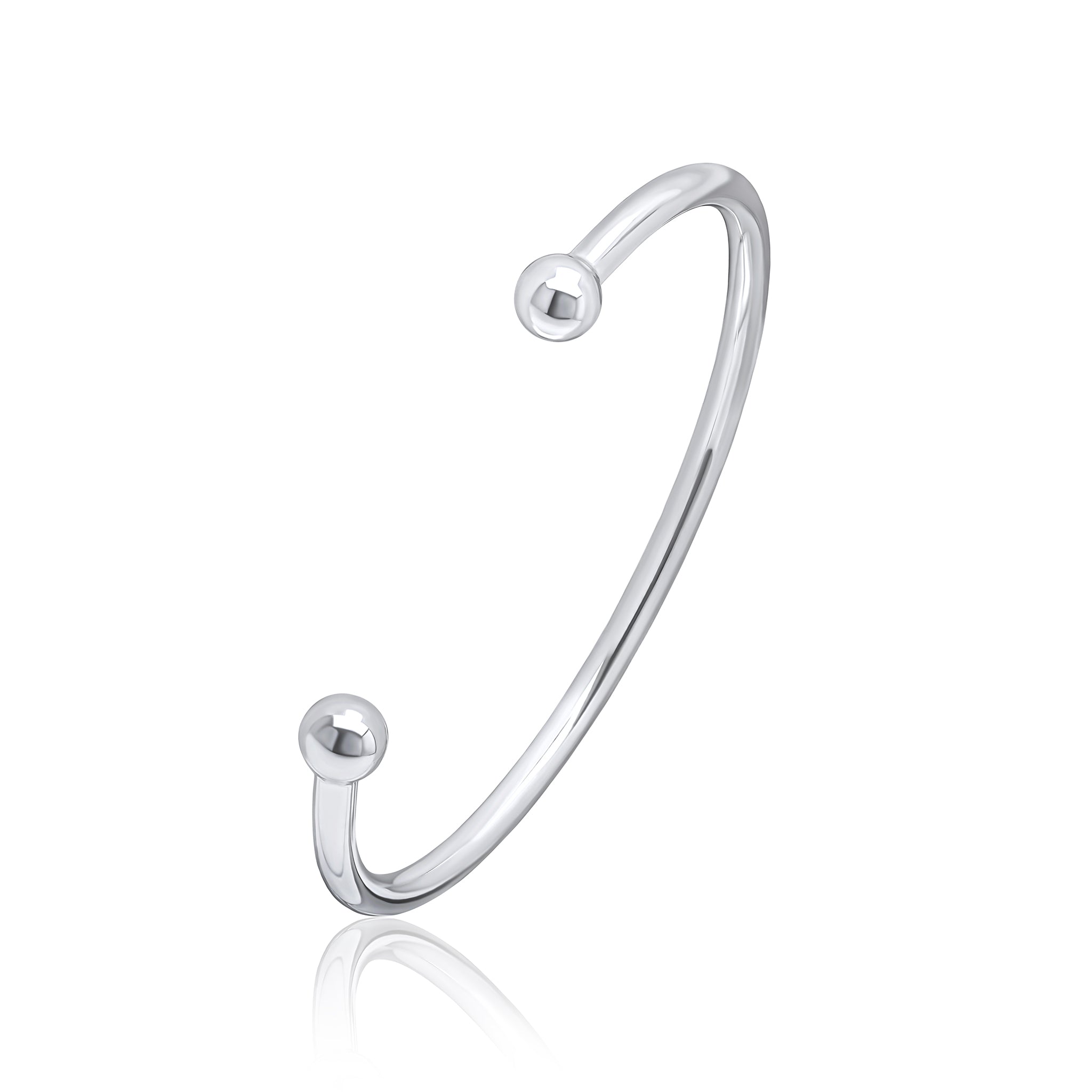 Silver Large 4mm Round Torque Bangle 60x70mm. (8mm end beads)