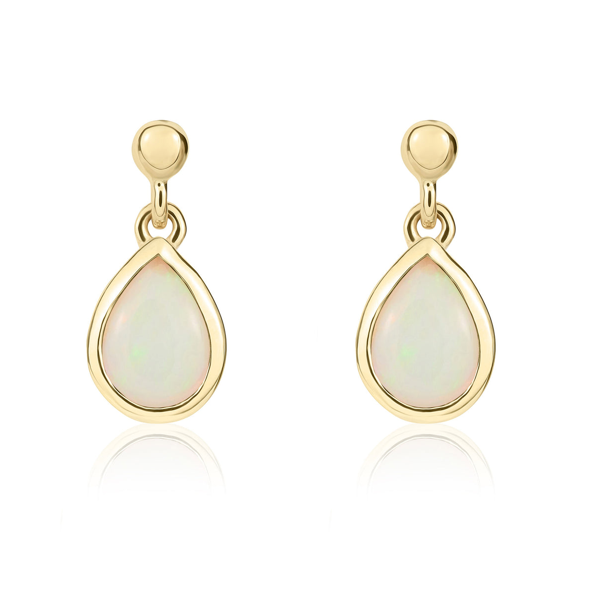 9ct Yellow Gold 6x4mm Pear Shape Opal Rubover Drop Earrings with 2.5mm Bead Top