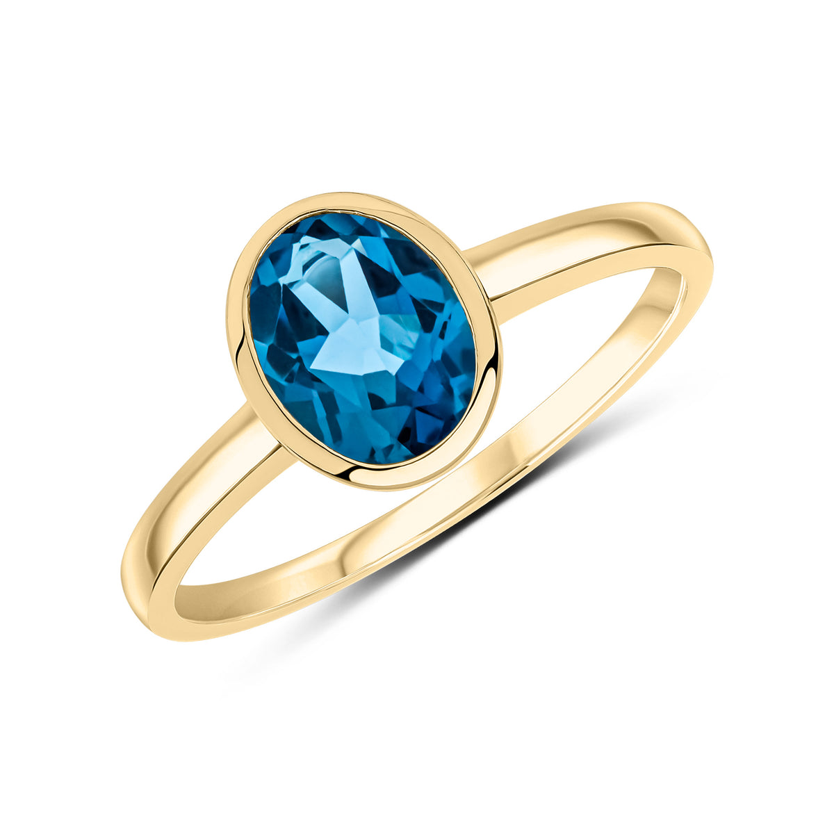 9ct Yellow Gold 8x6 Oval London Blue Topaz Single Stone Rubover Ring