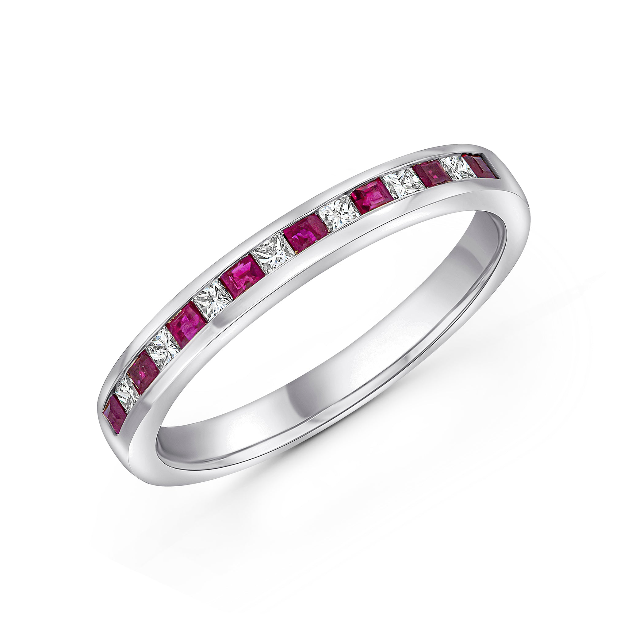 18ct White Gold Square Ruby & Diamond Channel Set 15 Stone Eternity Ring