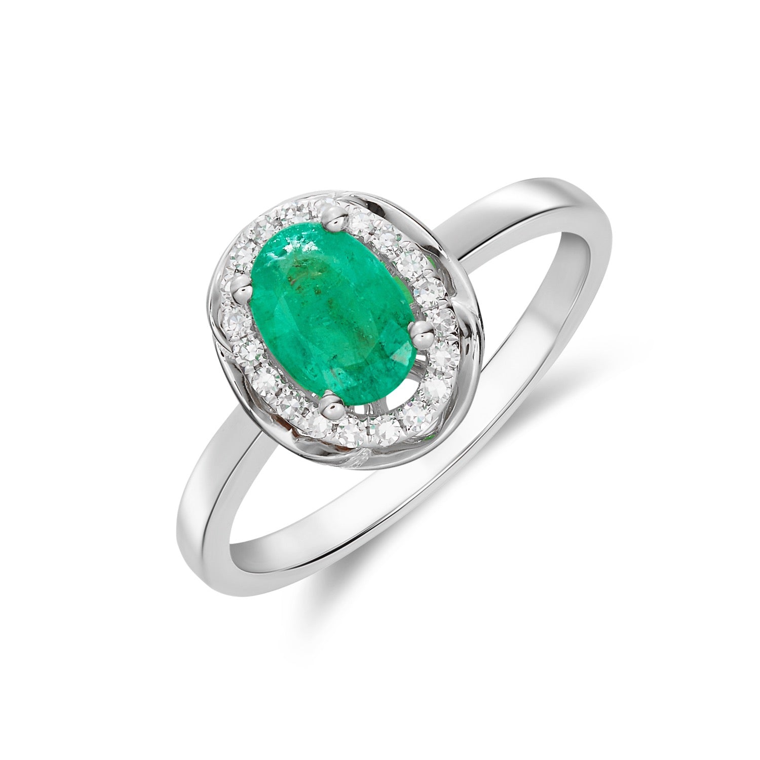 9ct White Gold 7x5 Oval Emerald & Diamond Cluster Ring with Rope Edge