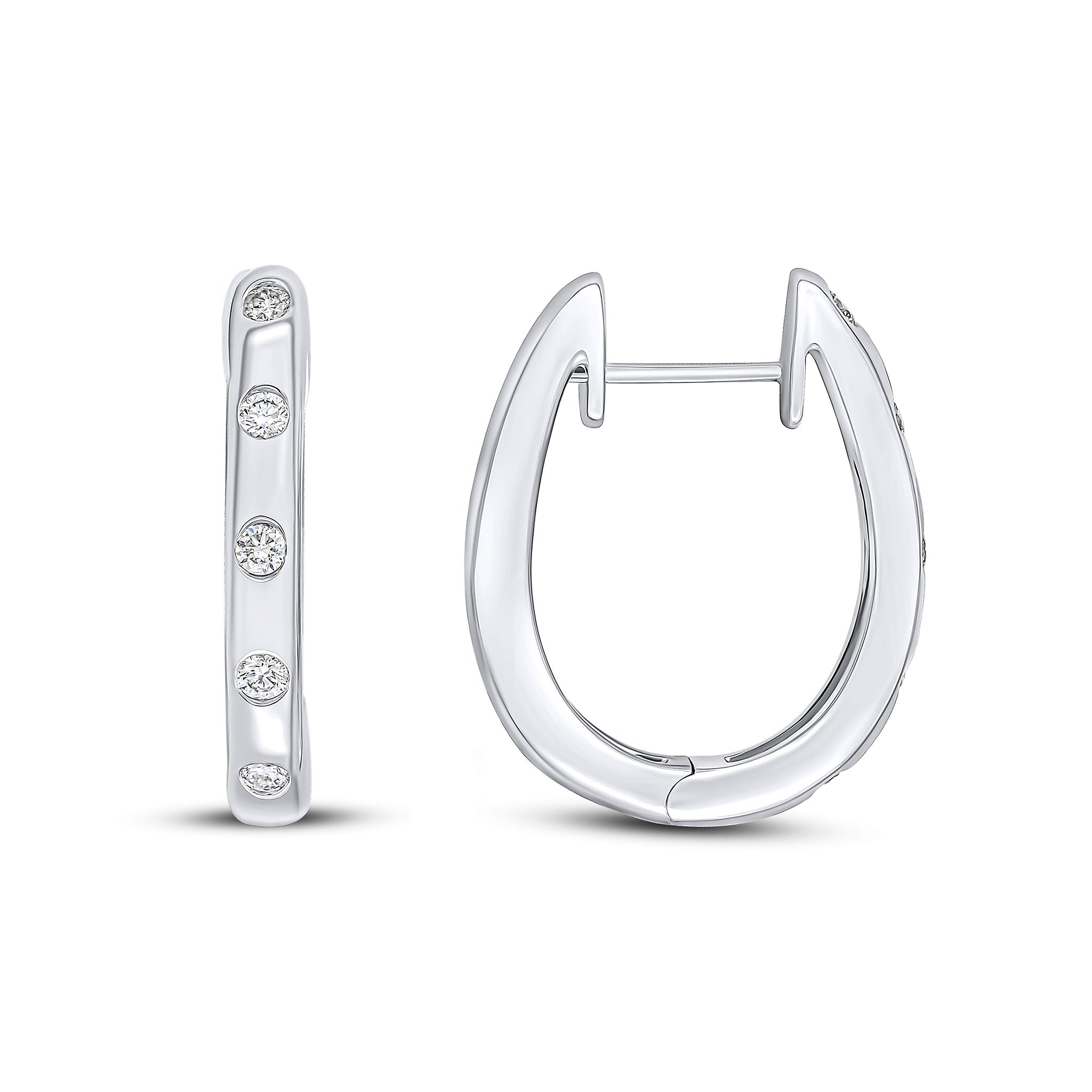 18ct White Gold Round Diamond Flush Set Oval Hinged Huggy Hoop Earrings