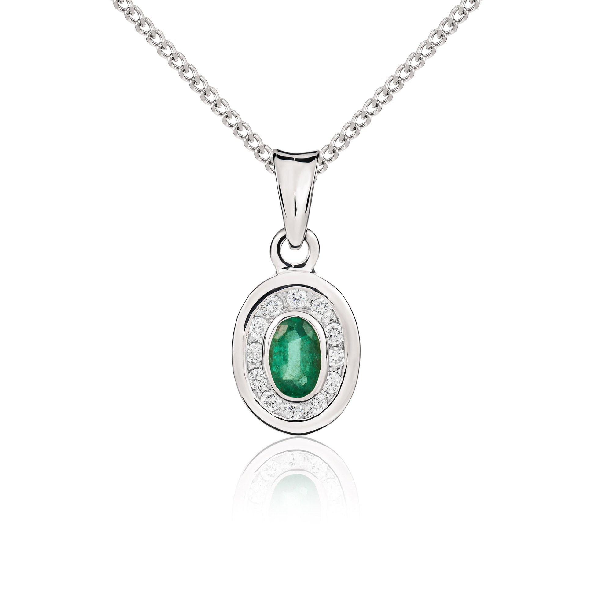 9ct White Gold Oval Em & Diamond Cluster Pend