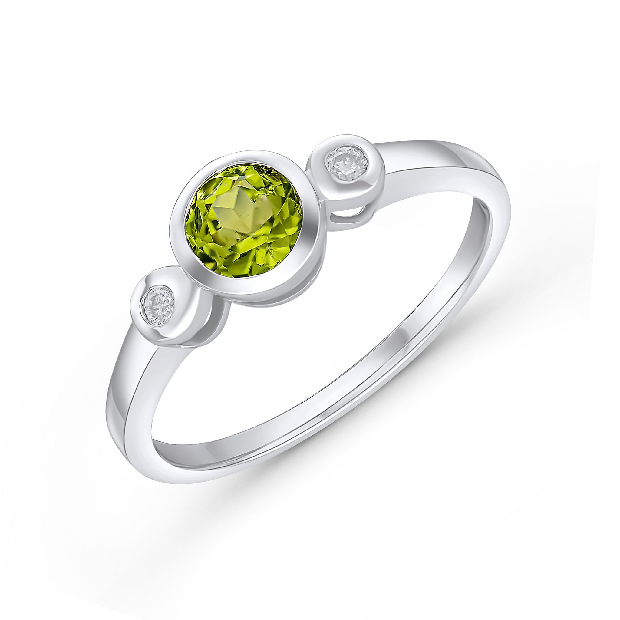 9CT WG 5MM ROUND PERIDOT AND DIAMOND RUBOVER 3ST RING 1