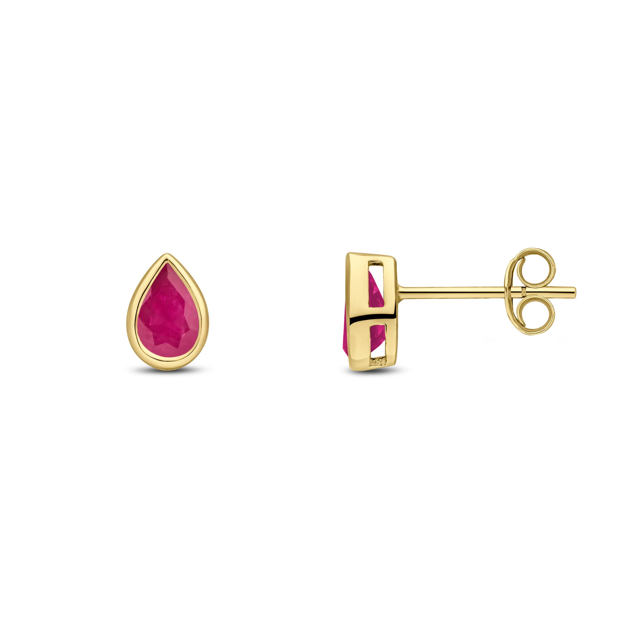9ct Yellow Gold 6x4 Pear Shape Ruby Rubover Set Earrings