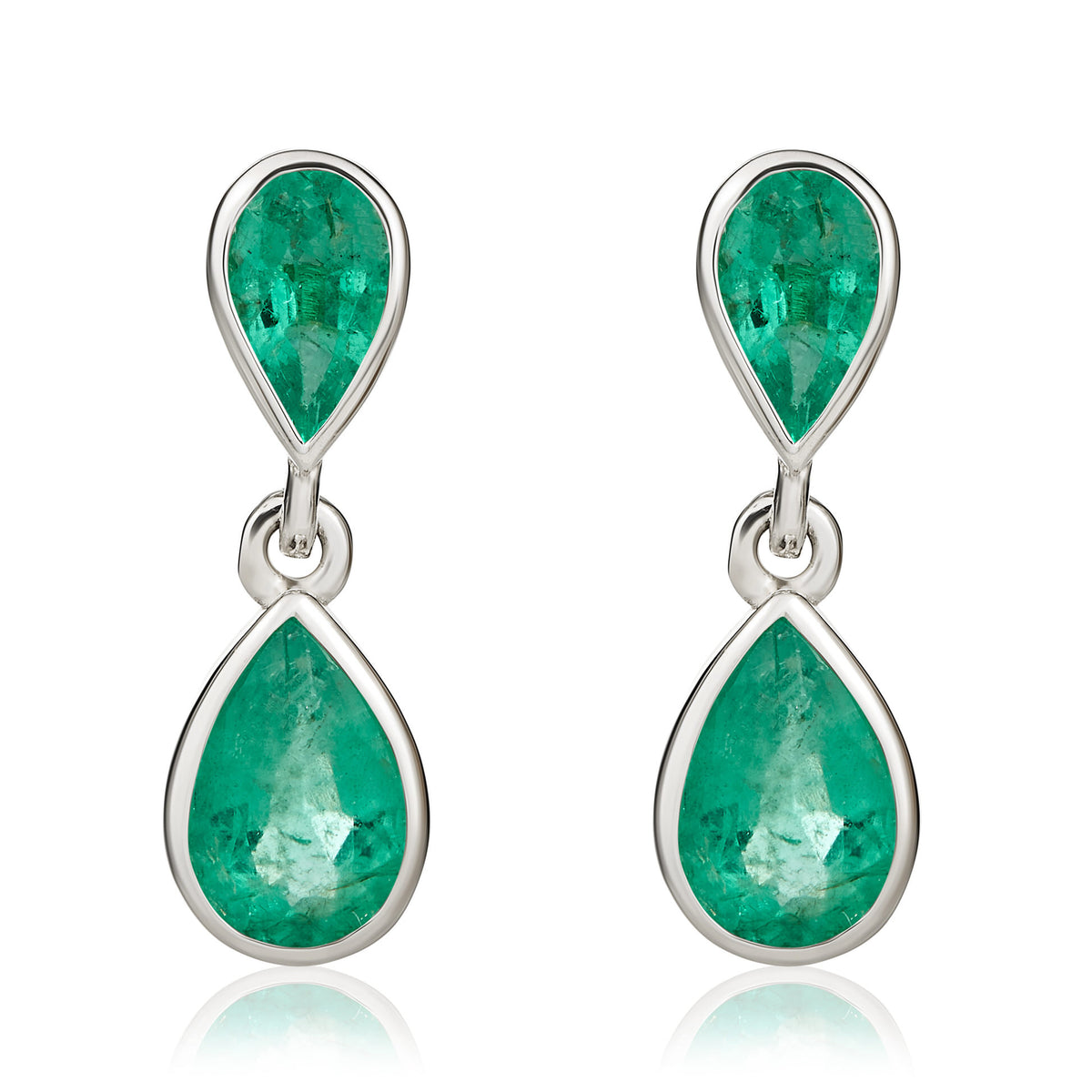 9ct White Gold Pear Emerald Double Drop Rubover Earrings