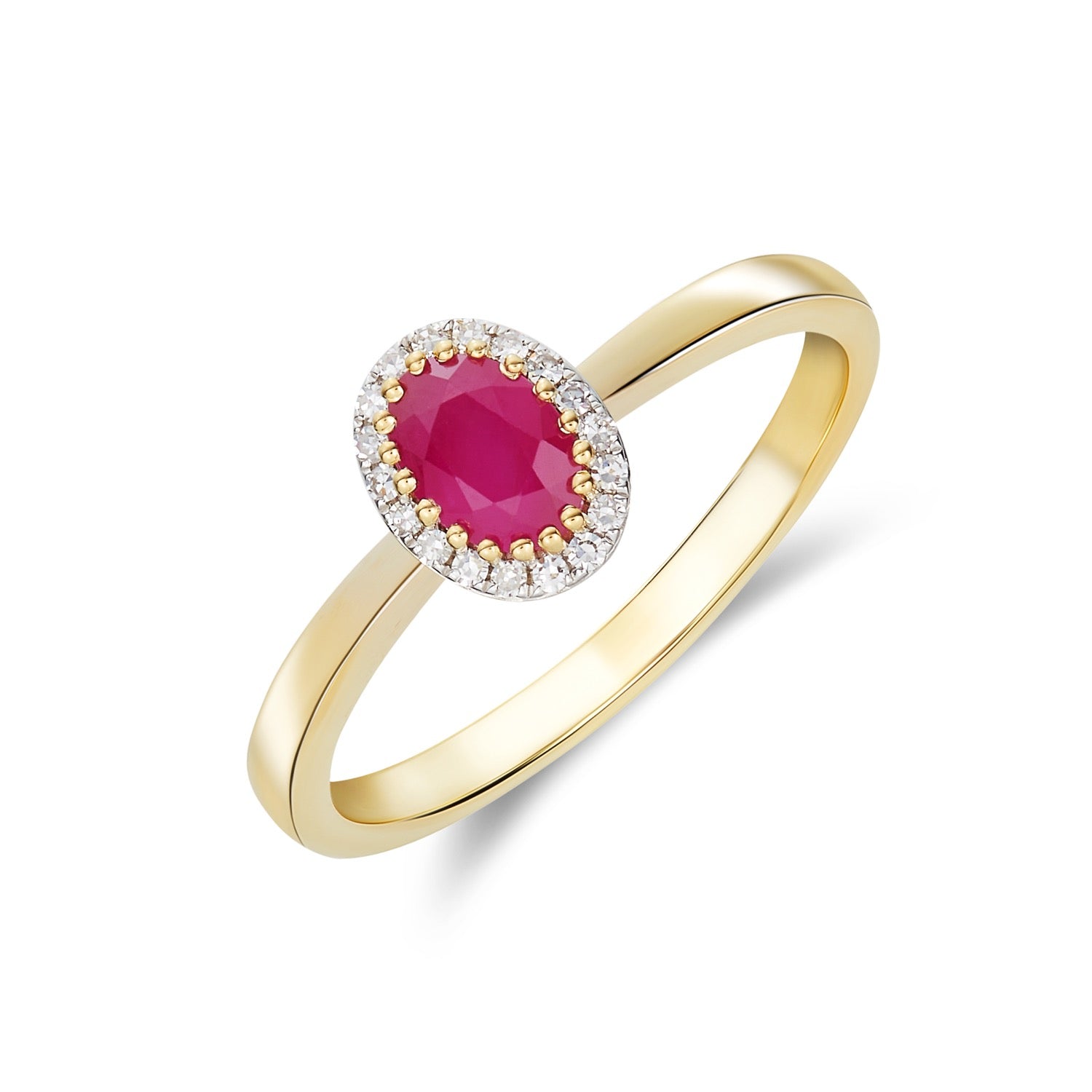 9CT YG OVAL RUBY AND DIAMOND CLAW CLUSTER RING. RHODIUM TO DIAMONDS 1
