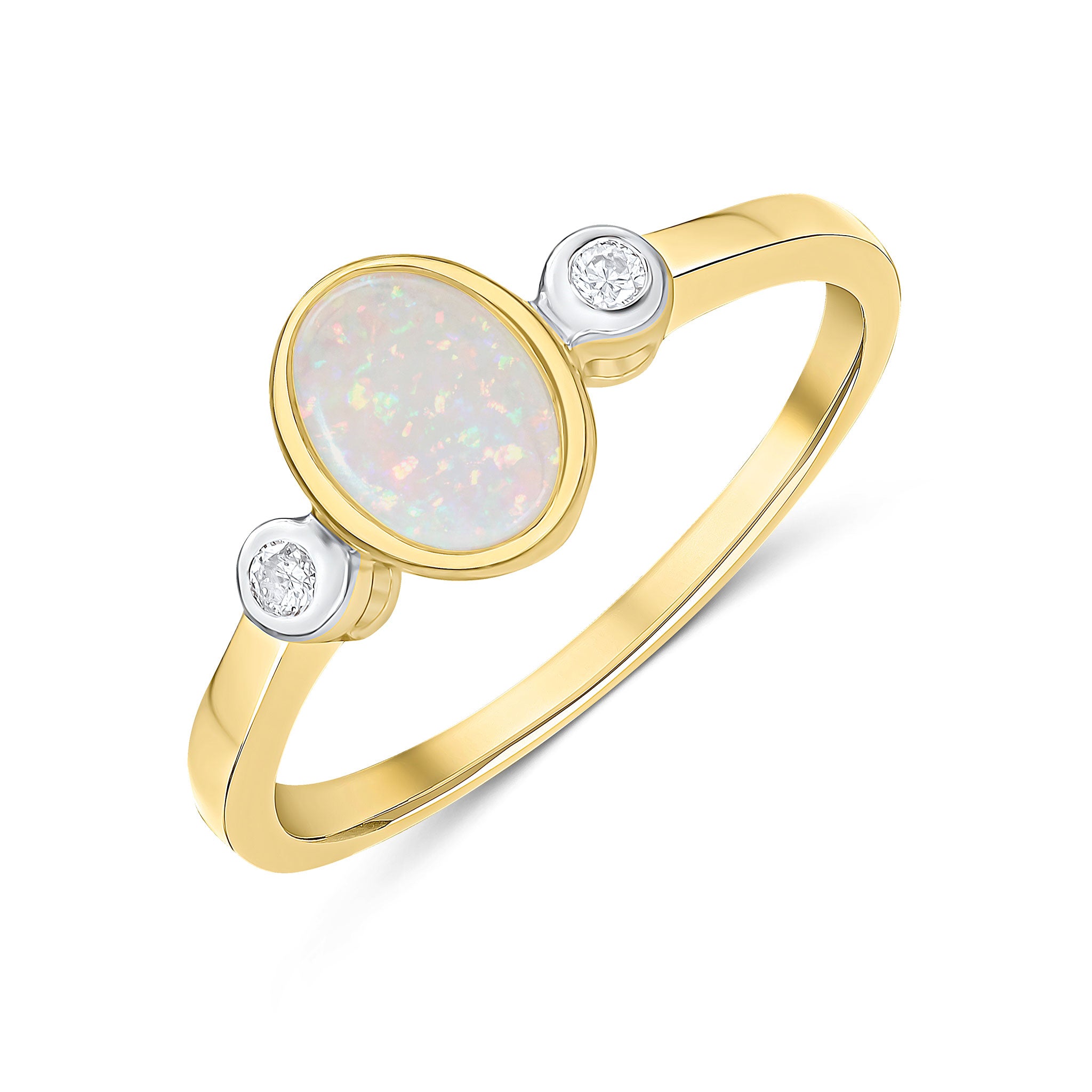 9CT YG 7X5 OVAL OPAL AND ROUND DIAMOND 3ST RUBOVER RING. RHODIUM TO DIAMONDS 1