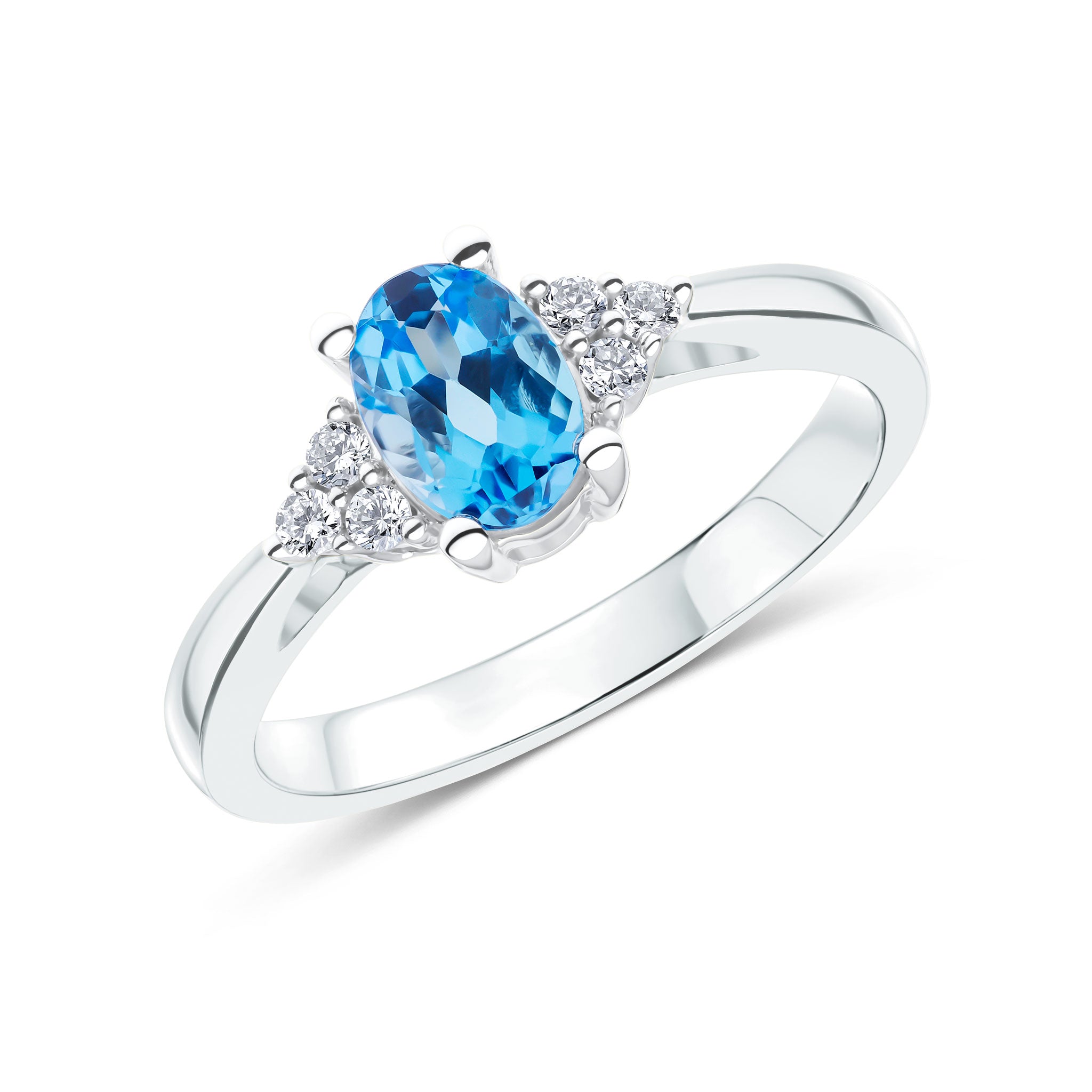9ct White Gold 7x5 Oval Swiss Blue Topaz & Diamond Trefoil Shoulders Ring
