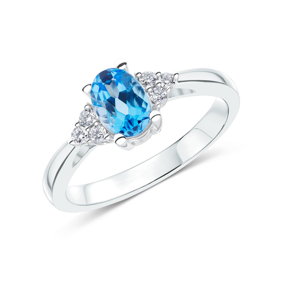 9ct White Gold 7x5 Oval Swiss Blue Topaz & Diamond Trefoil Shoulders Ring