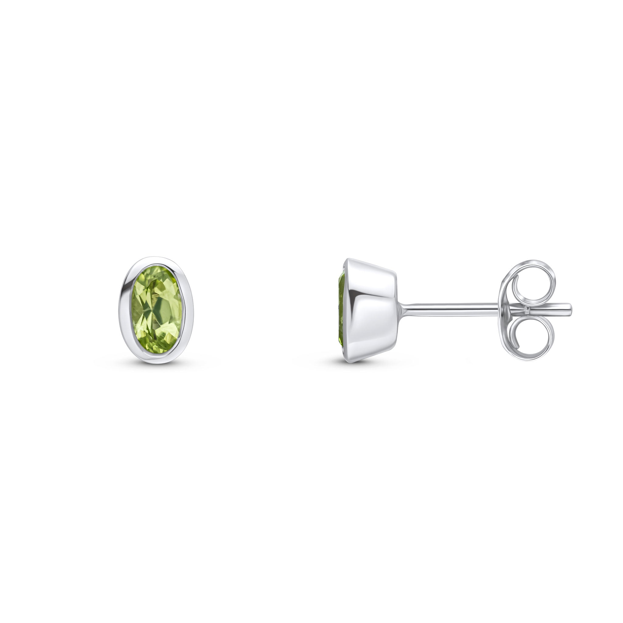 9ct White Gold 5x3mm Oval Peridot Rubover Earrings