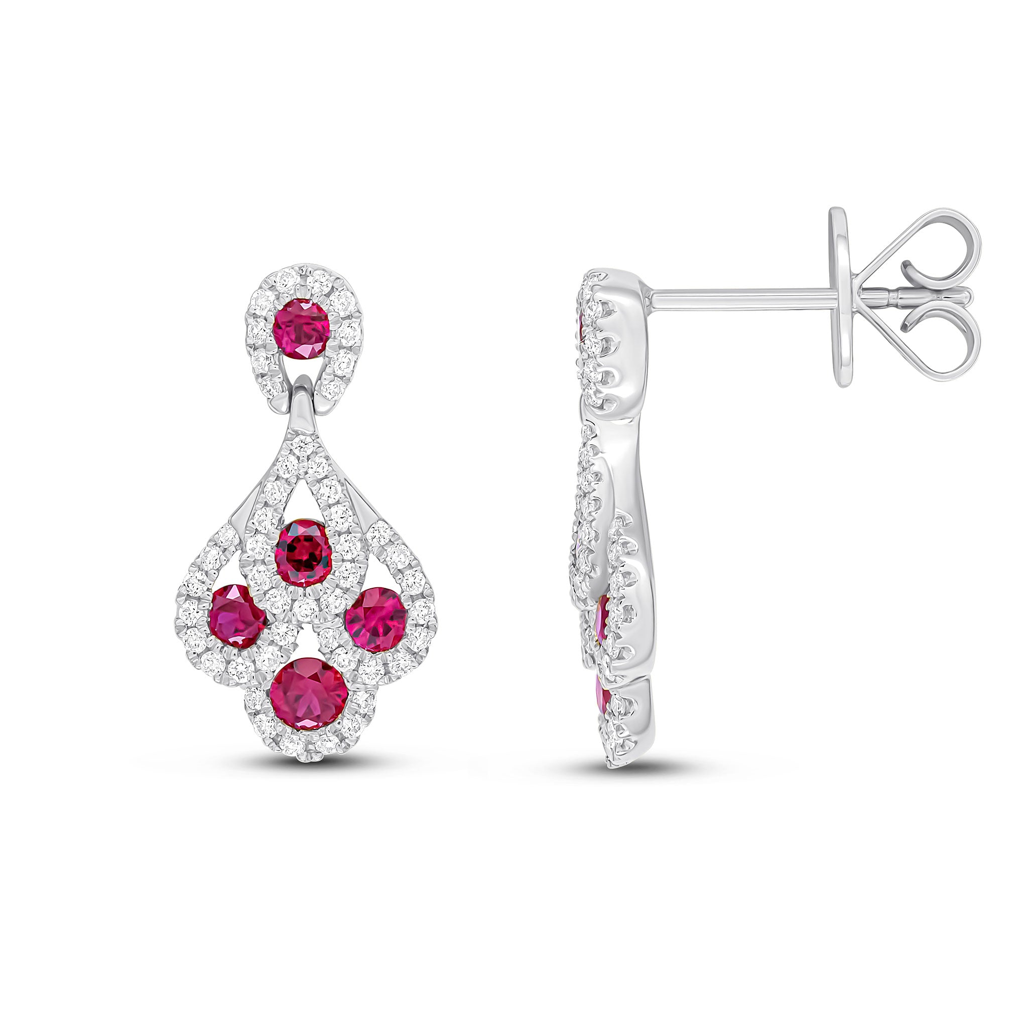 18ct White Gold Round Ruby and Diamond 'peacock' Drop Earrings