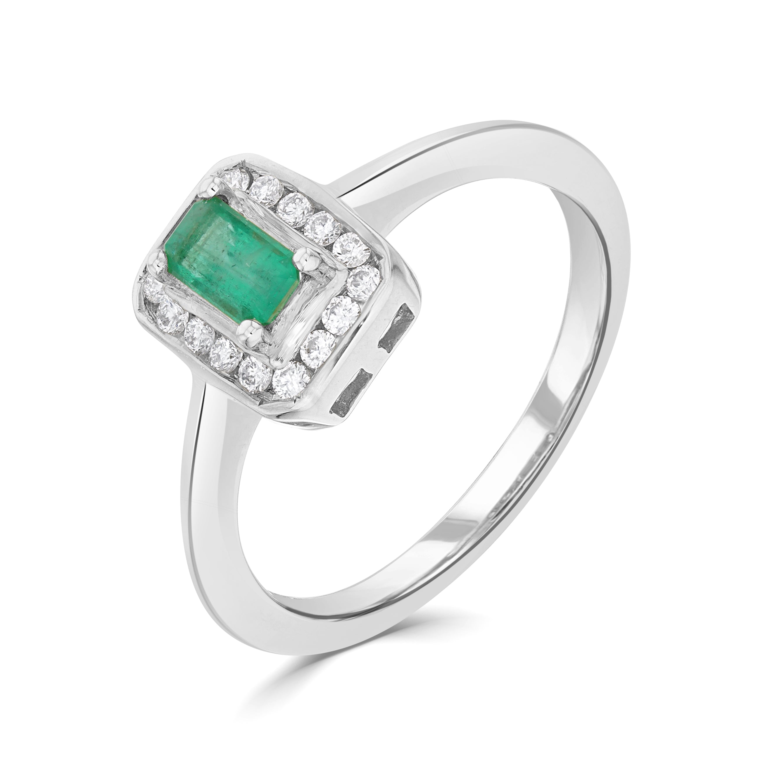 9ct White Gold Claw Set 5x3 Octagon Emerald and Channel Set Round Diamond Cluster Ring
