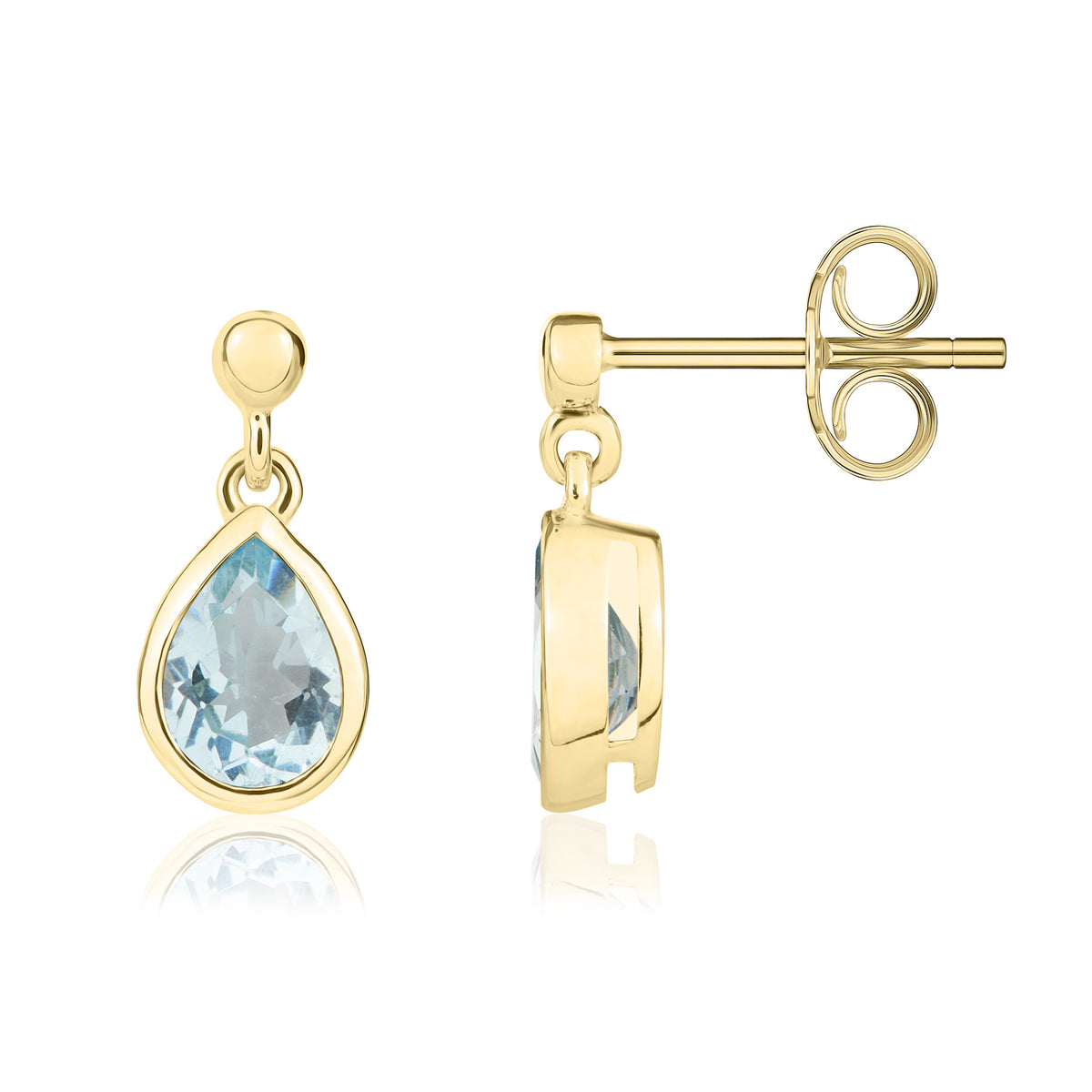 9ct Yellow Gold 7x5 Pear Shape Aquamarine Rubover Drop Earrings with Bead Top