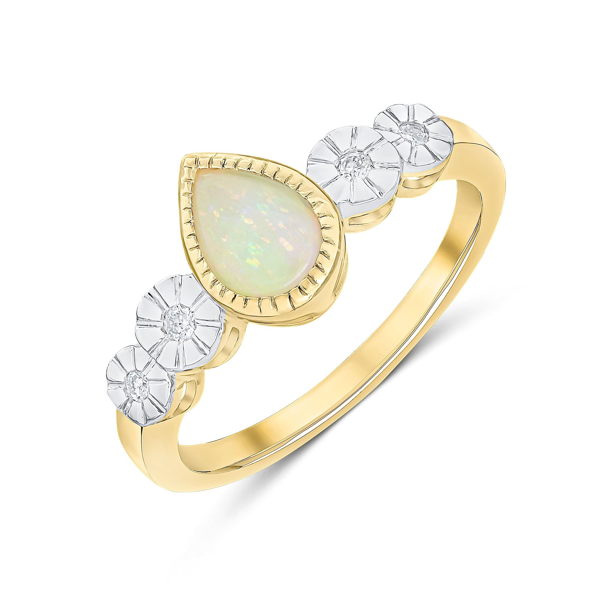 9CT YELLOW GOLD MILLEGRAIN PEARSHAPE OPAL AND ILLUSION DIAMOND 4ST SHOULDERS RING. RHODIUM TO DIAMOND 1