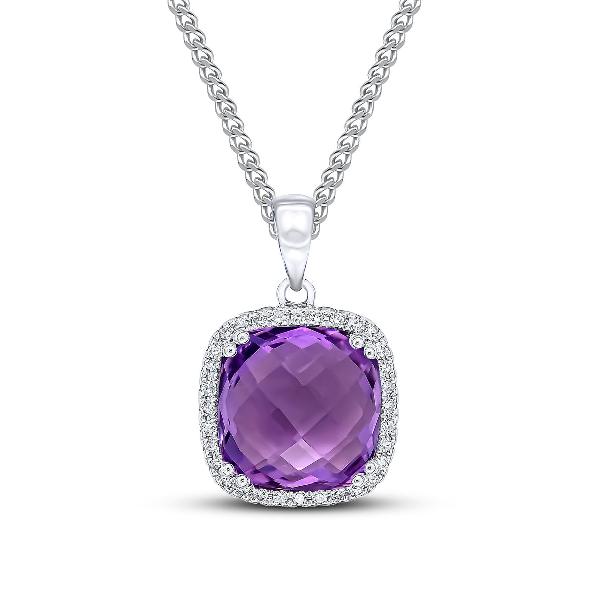 9ct White Gold 10mm Checkeboard Cut Cushion Amethyst & Diamond Claw Set Cluster Pendant