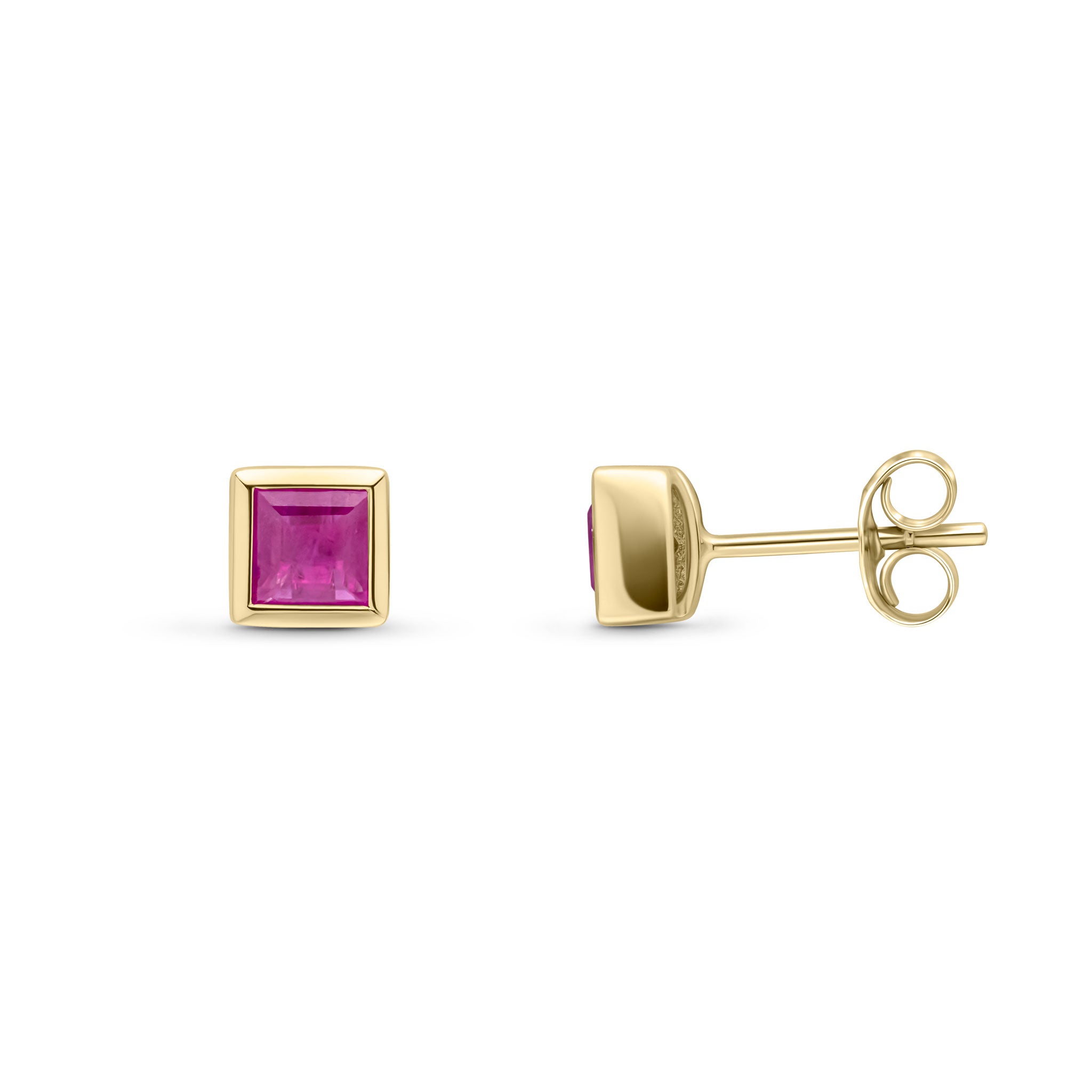 9ct Yellow Gold 4mm Square Ruby Rubover Set Earrings