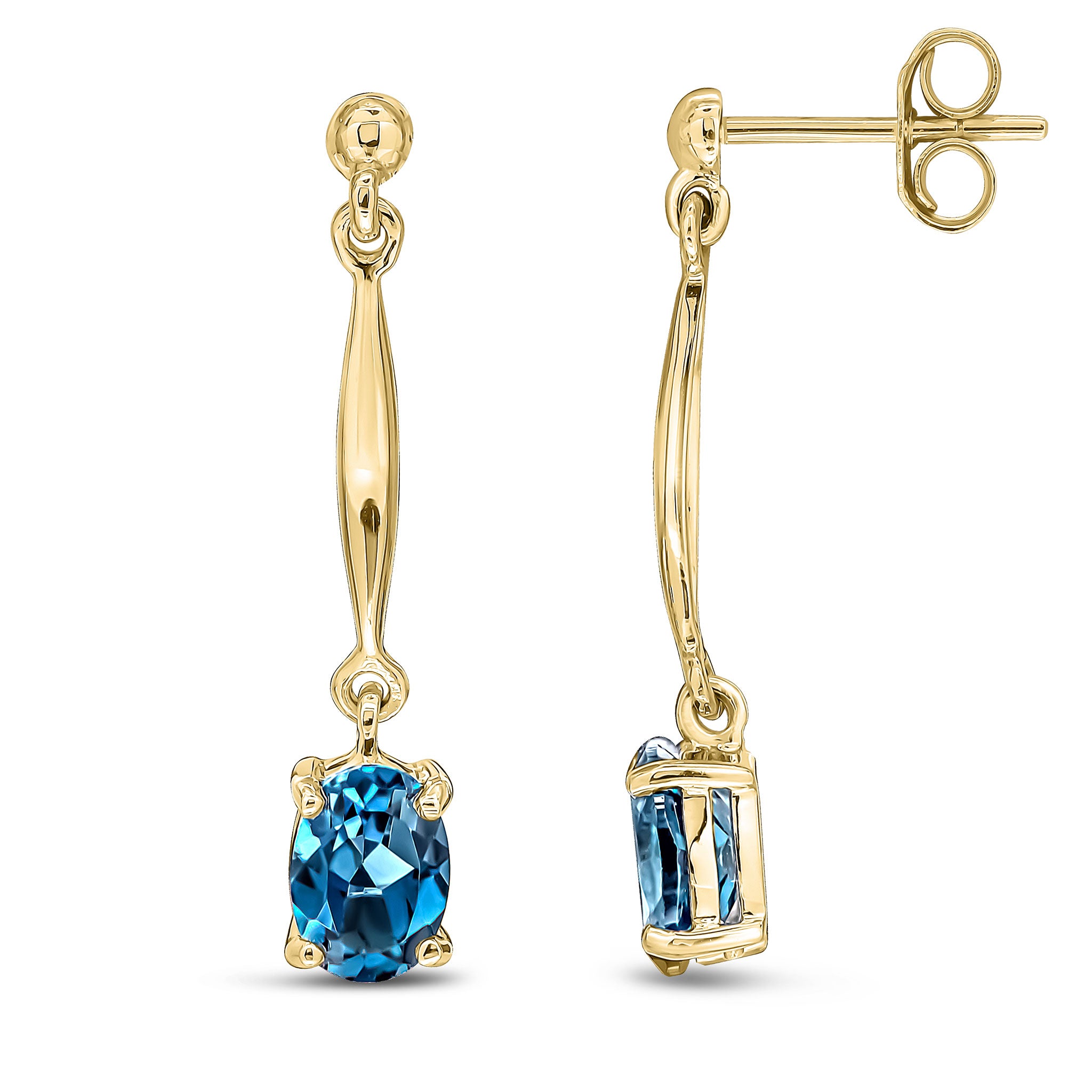 9ct Yellow Gold 7x5mm Oval London Blue Topaz and Bar Drop Earrings with Bead Top