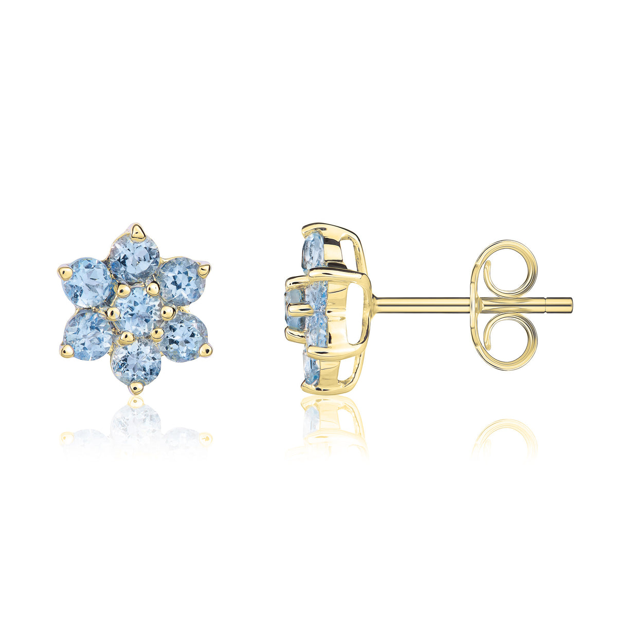 9ct Yellow Gold Round Aquamarine 6x1 Claw Cluster Earrings