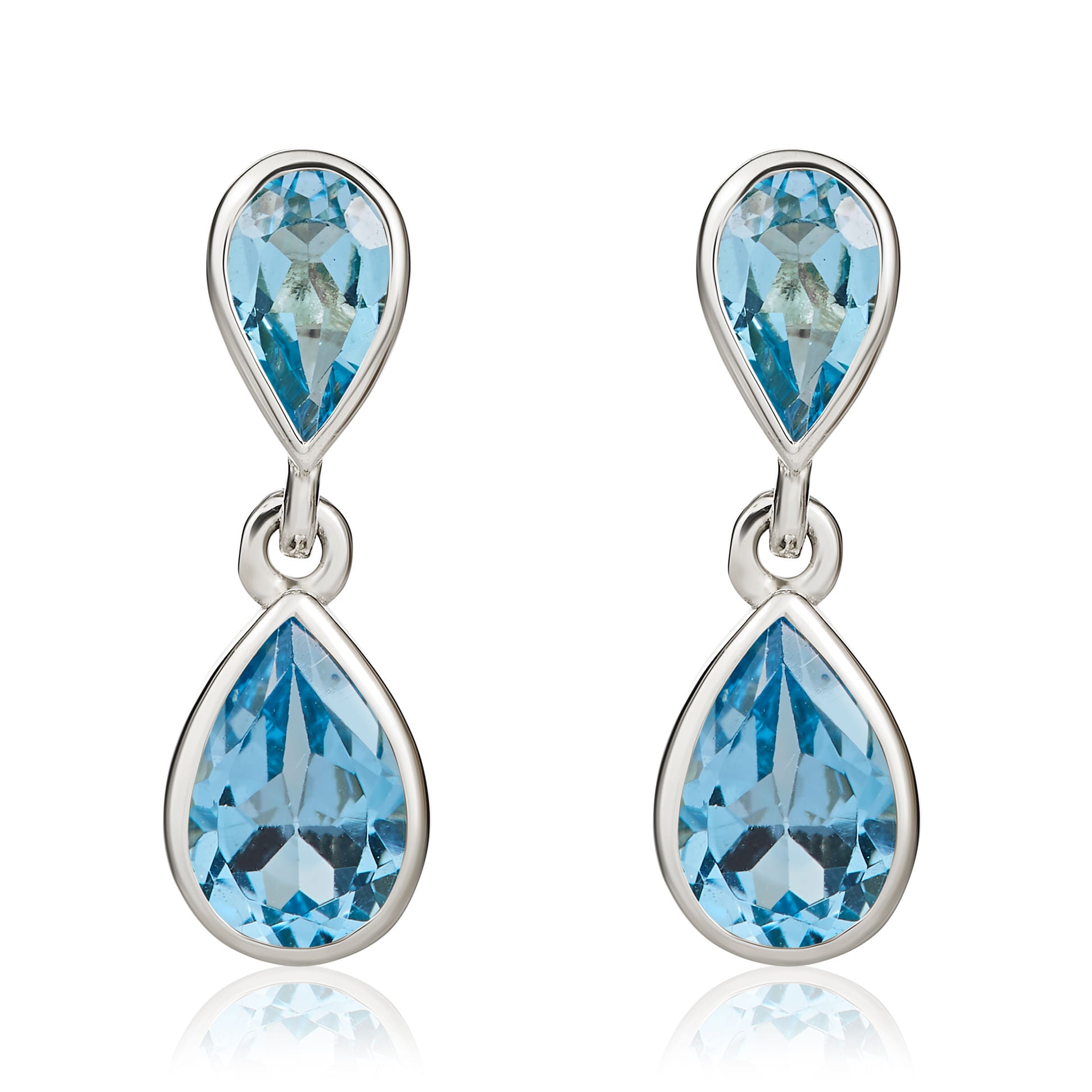 9ct White Gold Swiss Blue Topaz Pear Double Drop Earrings