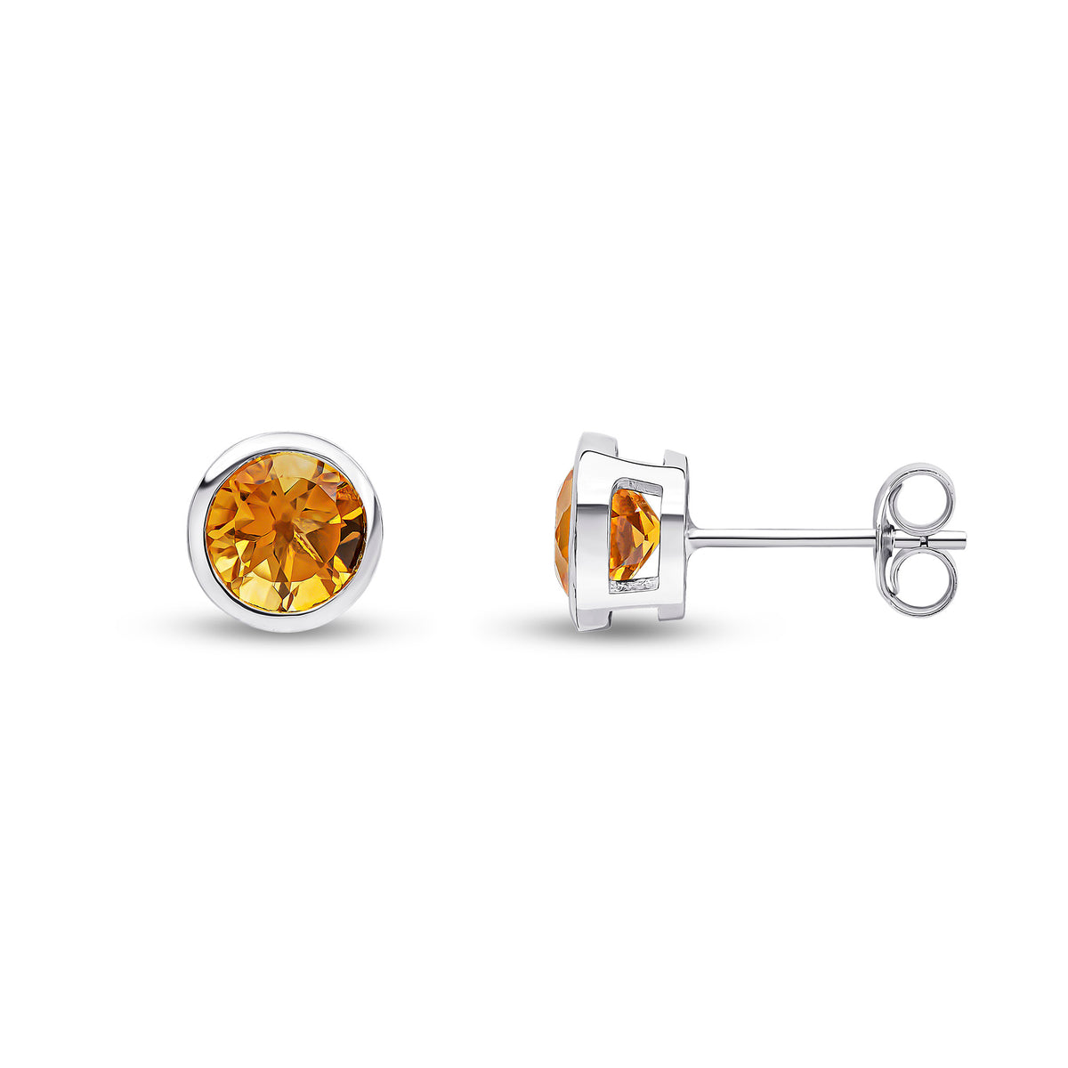 9ct White Gold 6mm Round Citrine Rubover Earrings