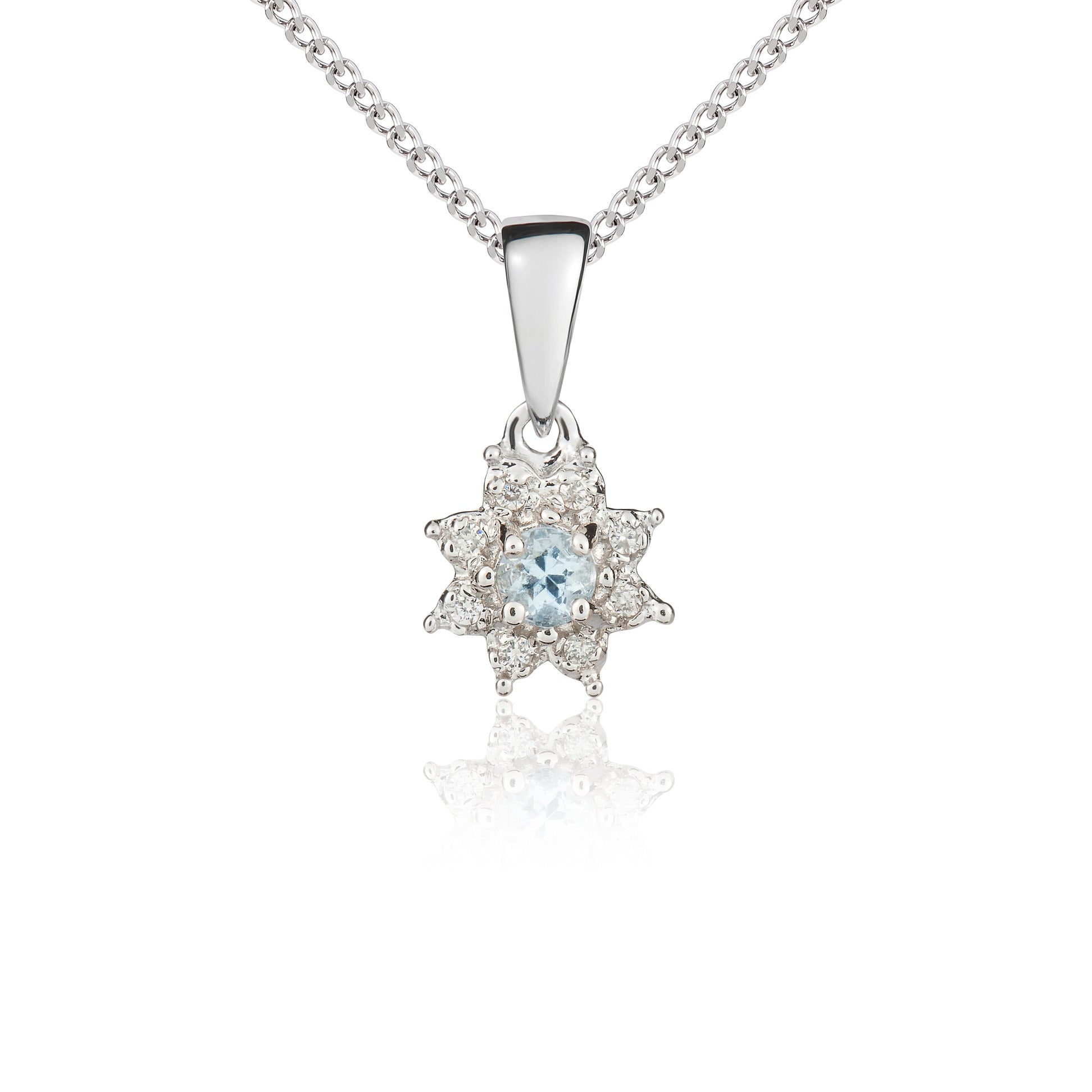 9ct White Gold Round Aquamarine and Diamond Cluster Pendant