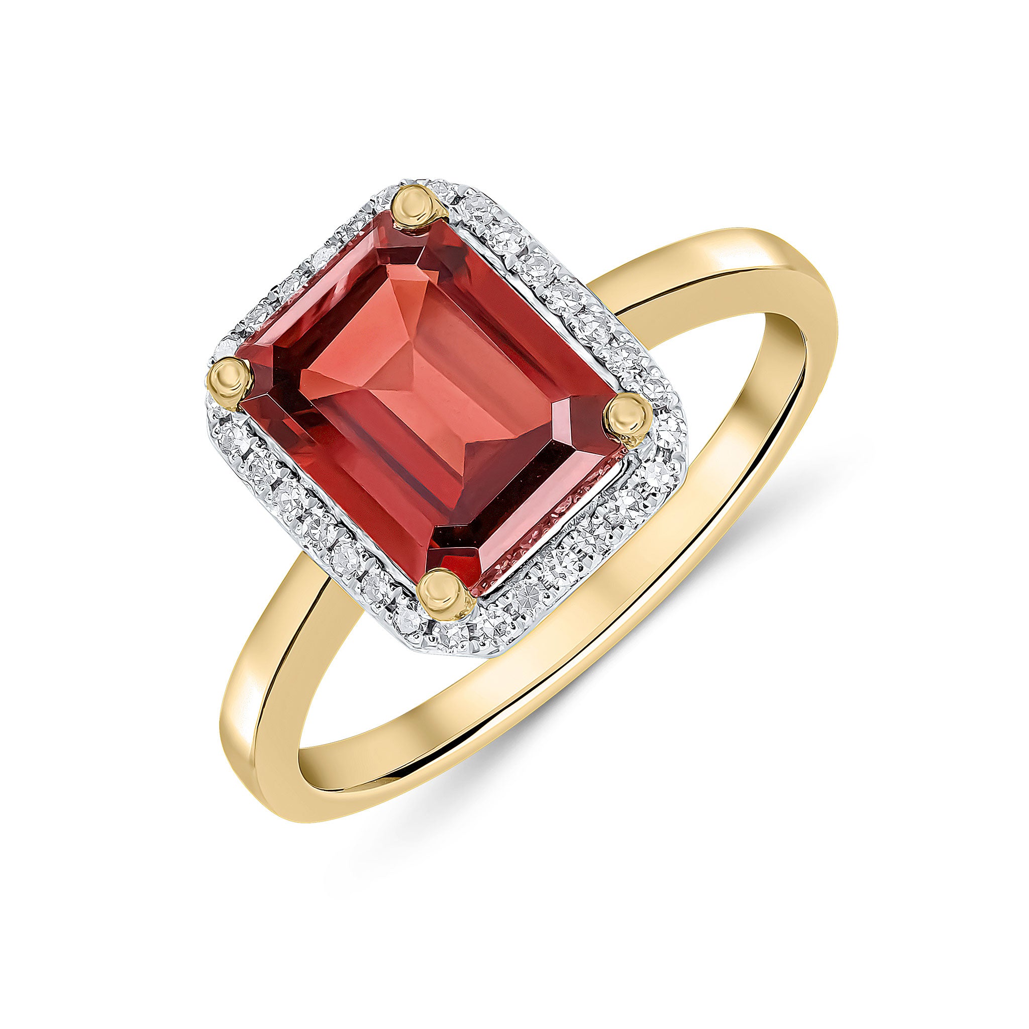 9ct Yellow Gold 9x7 Octagon Garnet & Diamond Claw Set Cluster Ring Rhodium to Diamonds