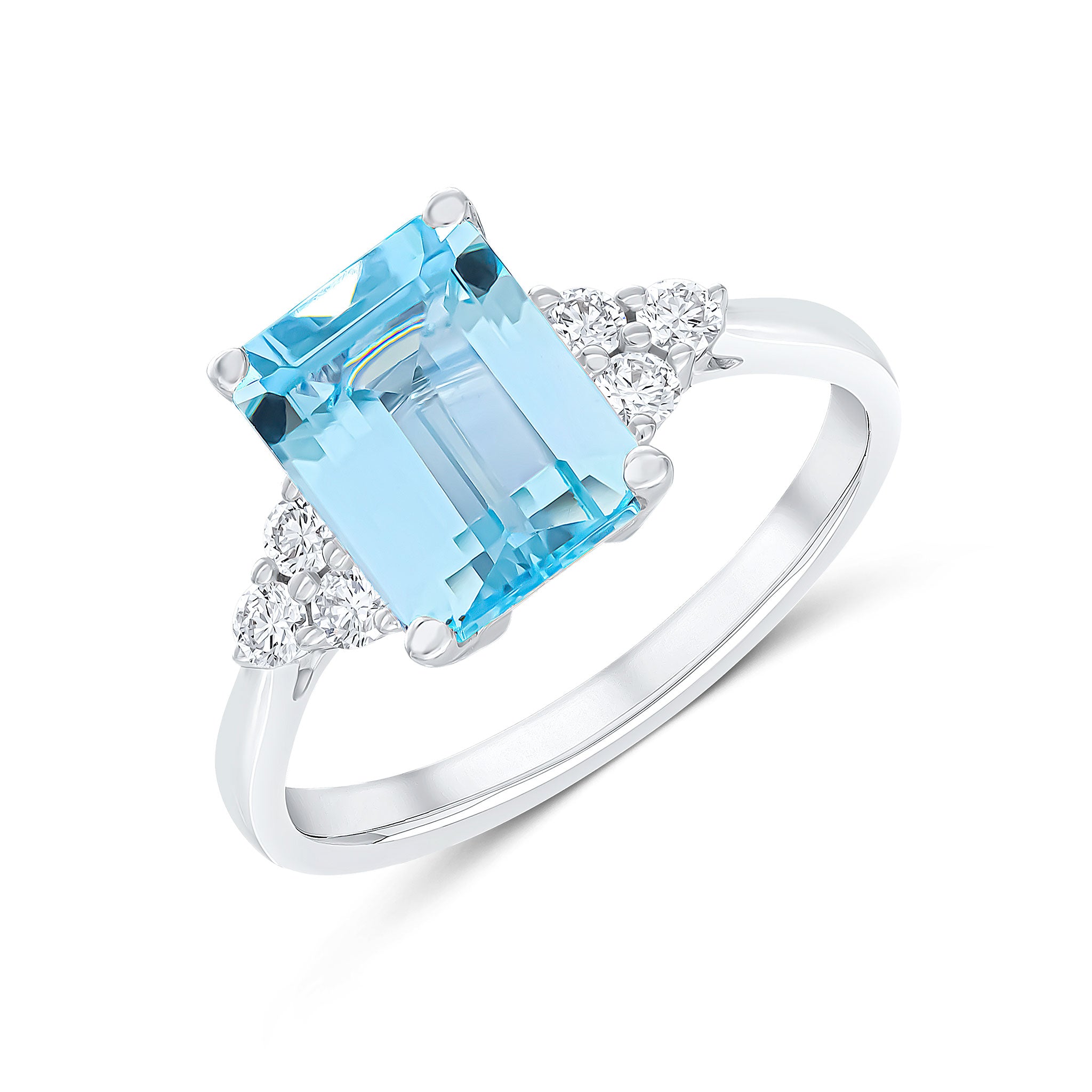 18ct White Gold 9x7 Octagon Aquamarine and Diamond Trefoil Shoulders Claw Set Ring