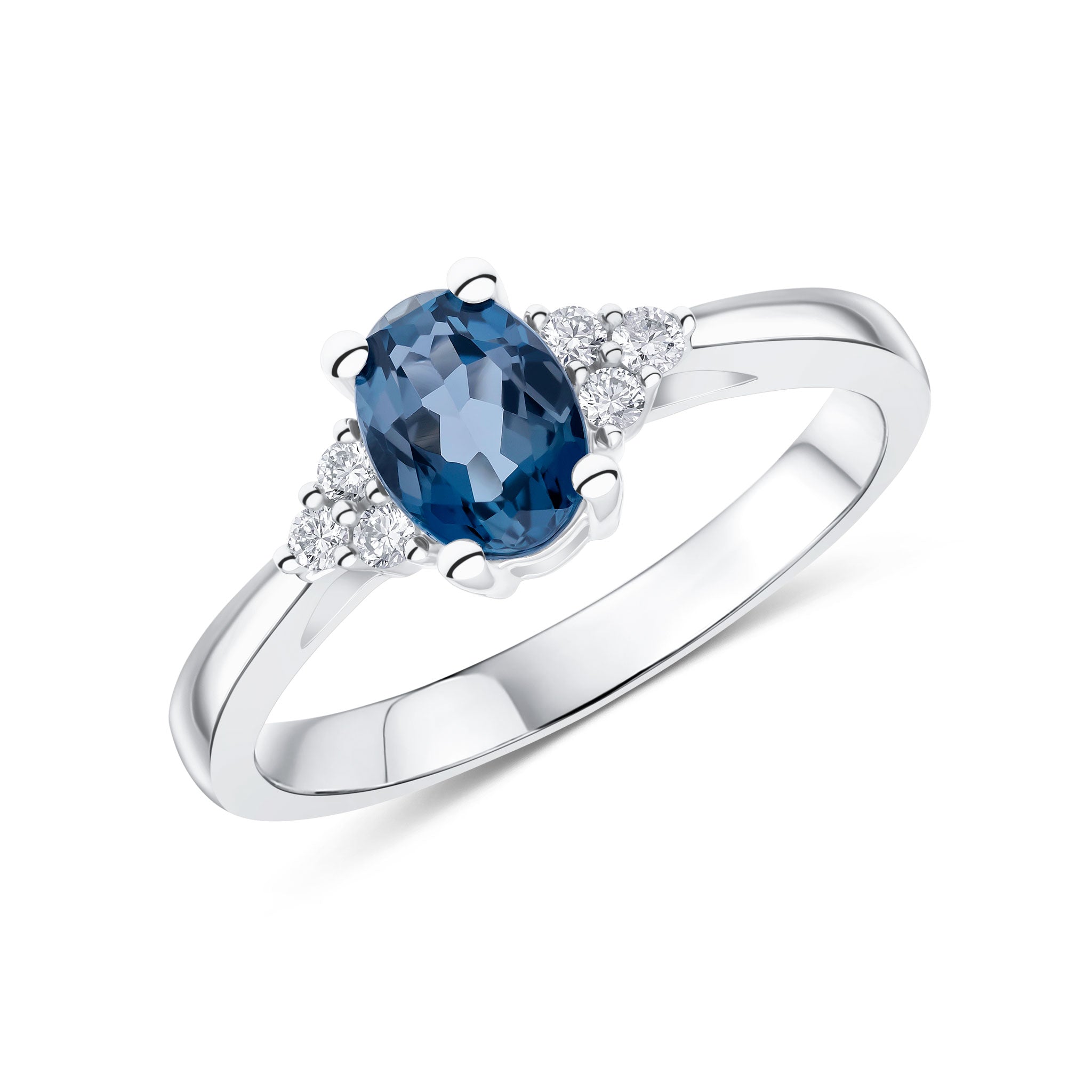 9CT WG 7X5 OVAL LONDON BLUE TOPAZ & DIAMOND TREFOIL SHOULDERS RING 1