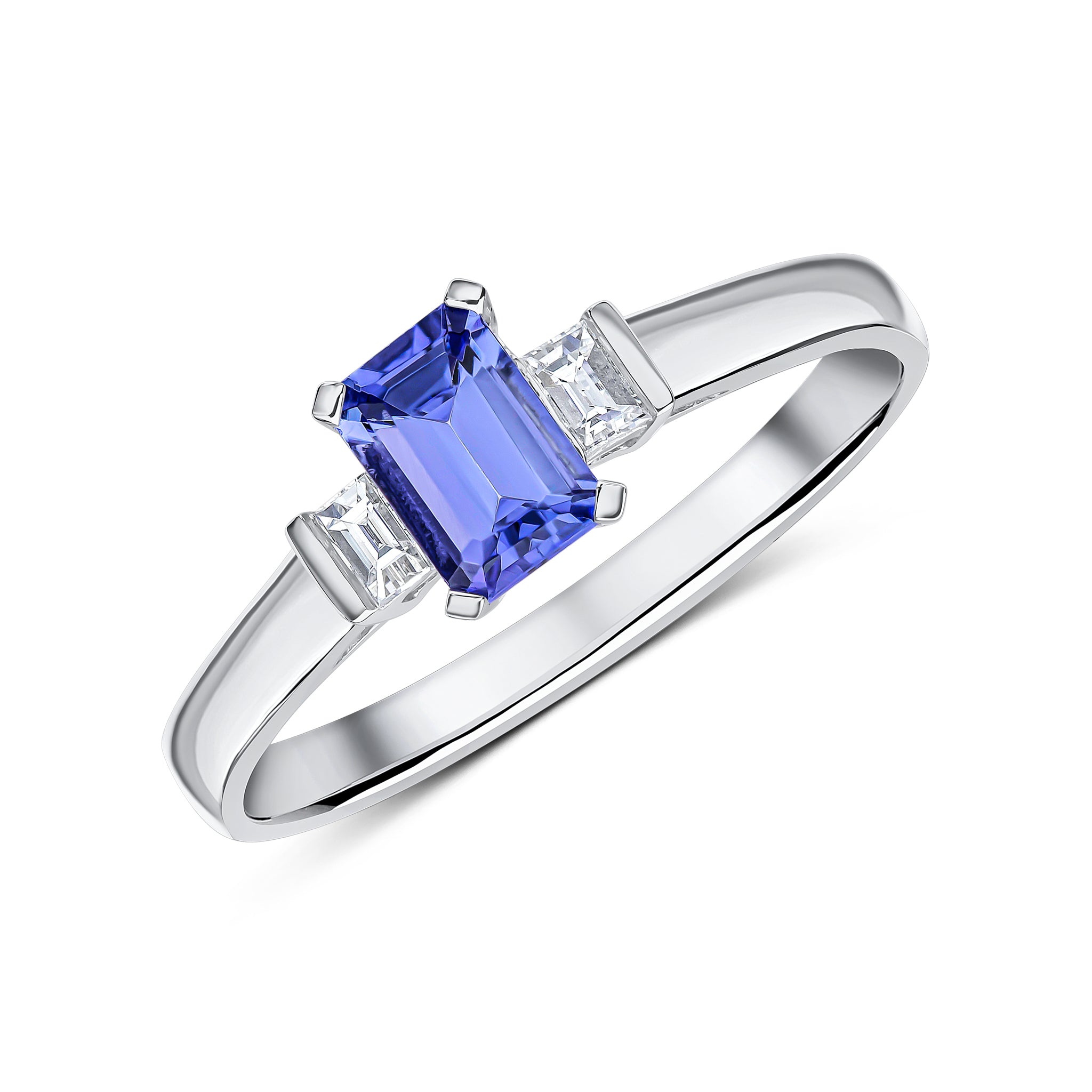 18ct White Gold 6x4 Octagon Tanzanite and Baguette Diamond Claw Set 3 Stone Ring