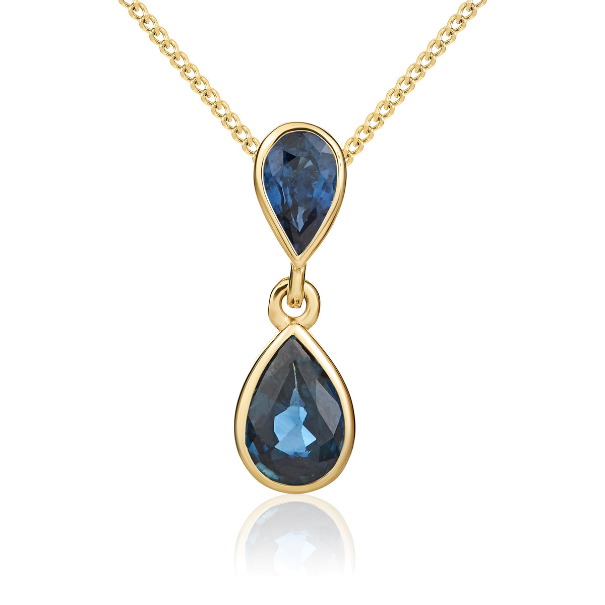 9ct Yellow Gold Pear Shaped Blue Sapphire Rubover Double Drop Pendant