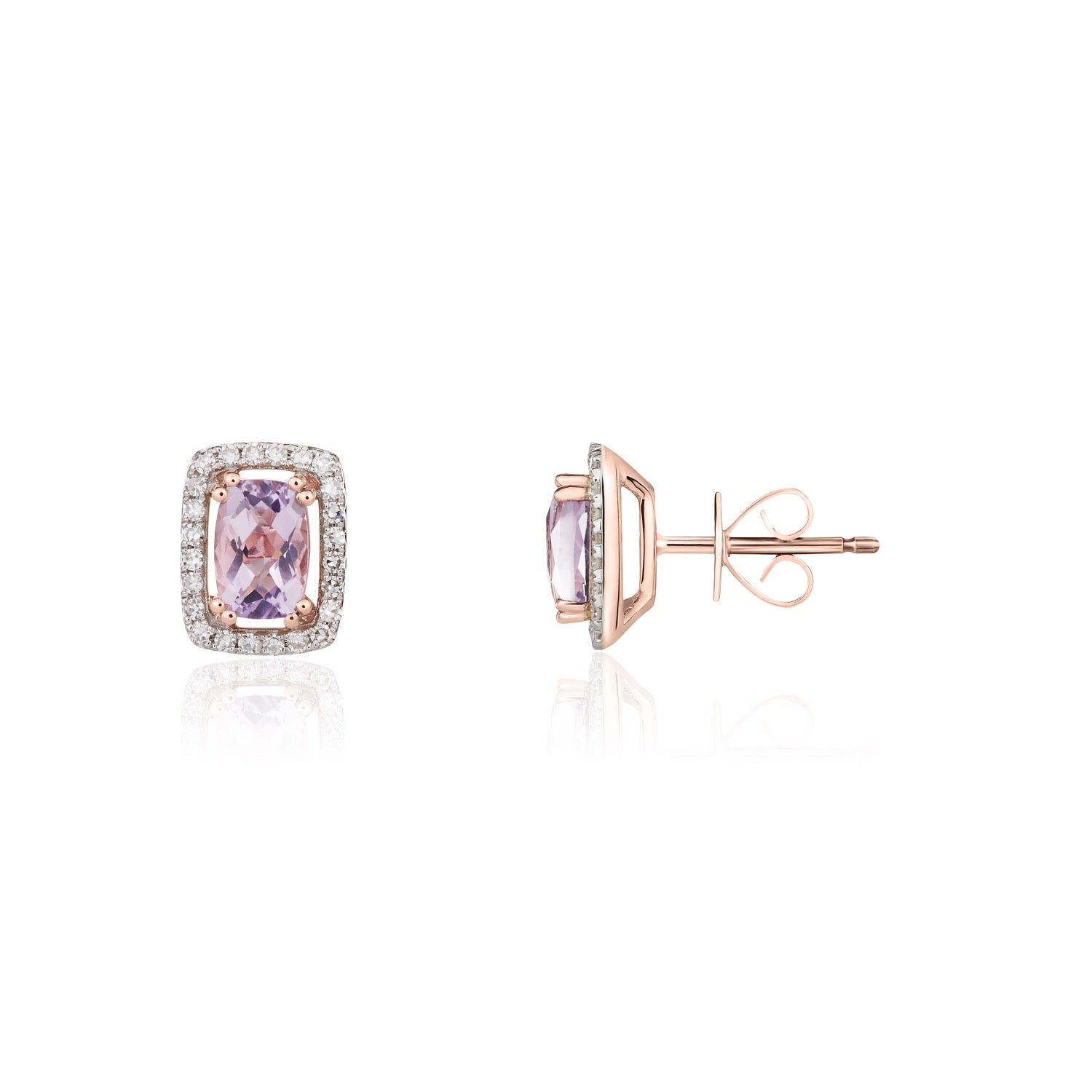 9ct Rose Gold Checkerboard Cut Cushion Pink Amethyst and Diamond Halo Cluster Earrings