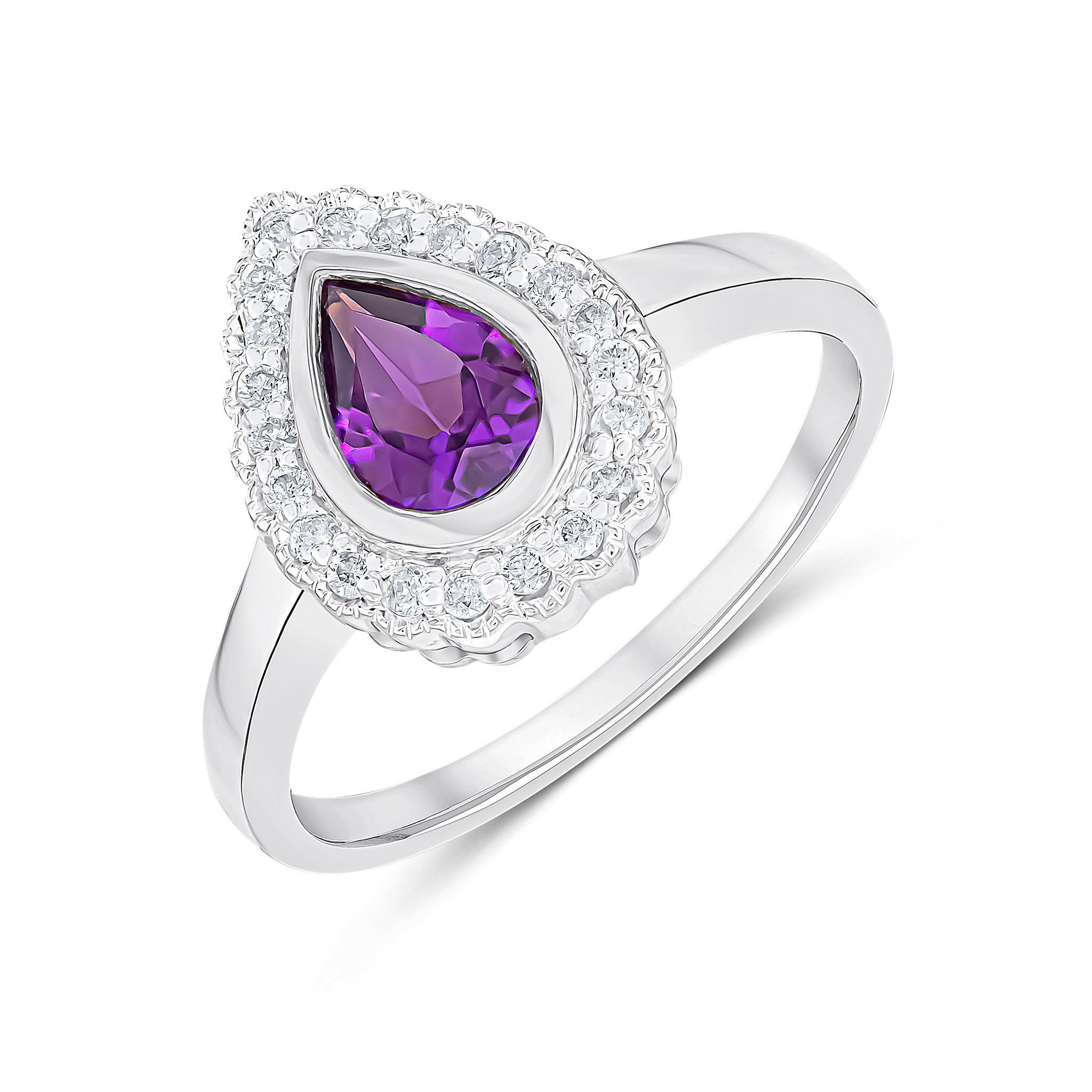 9ct White Gold Pear Shape Rubover Amethyst and Milgrain Round Diamond Cluster Ring