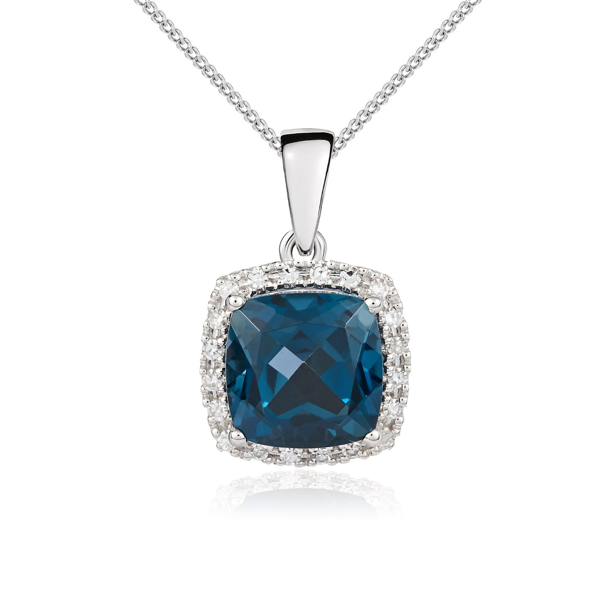 9ct White Gold Cushion London Blue Topaz & Diamond Cluster Pendant