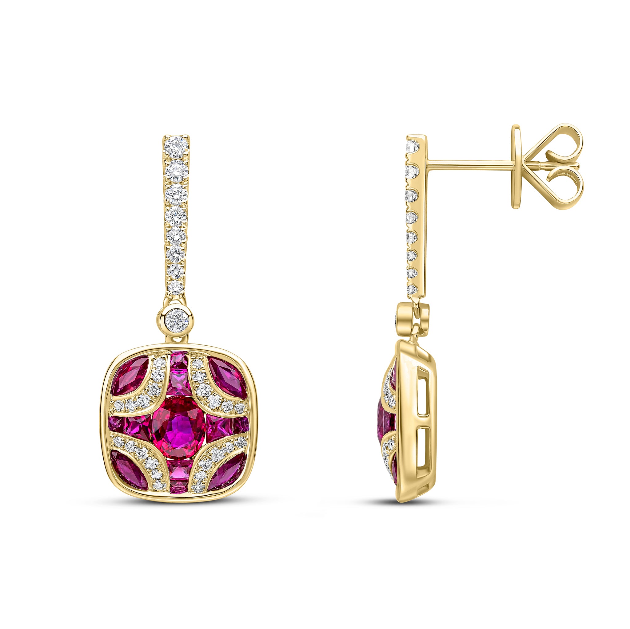 18ct Yellow Gold Ruby and Diamond Shield & Diamond Line Top Drop Earrings