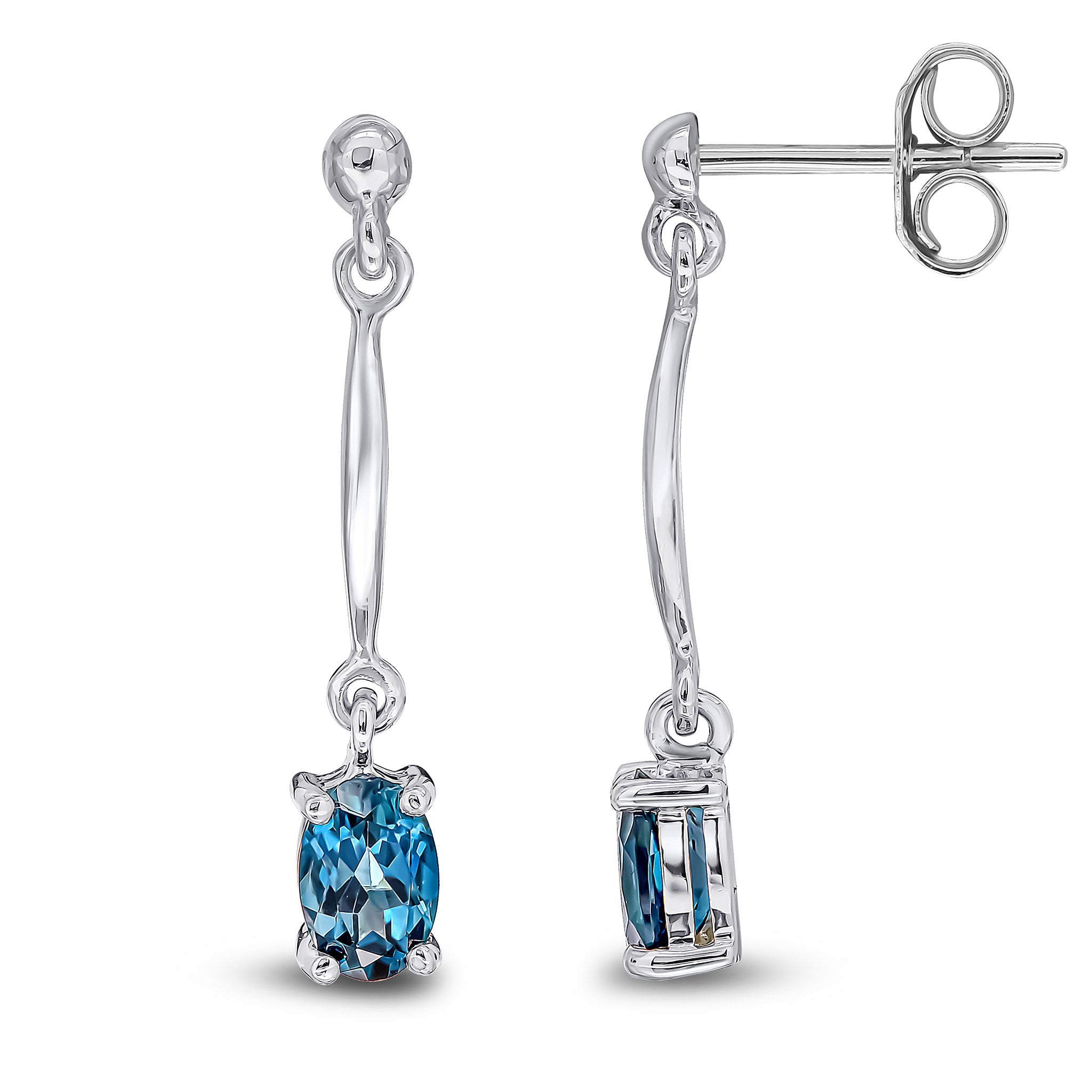 9ct White Gold Claw Set 6x4mm Oval London Blue Topaz and Bar Drop Earrings