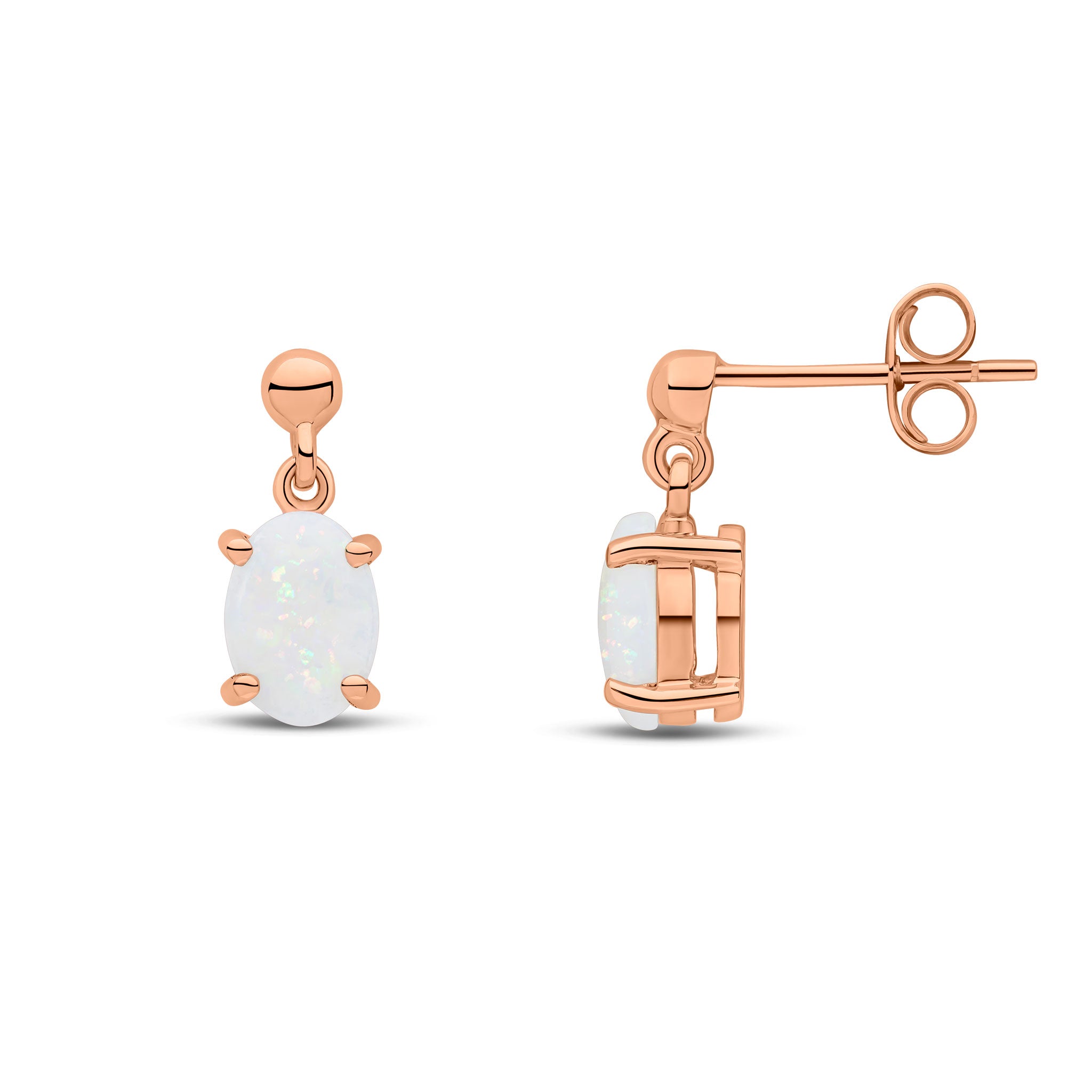9ct Rose Gold 7x5 Oval Opal Claw Set Drop Earrings with Bead Top