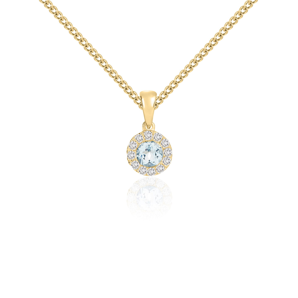 18ct Yellow Gold 4mm Round Aquamarine and Diamond Microset Cluster Pendant with Plain Loop
