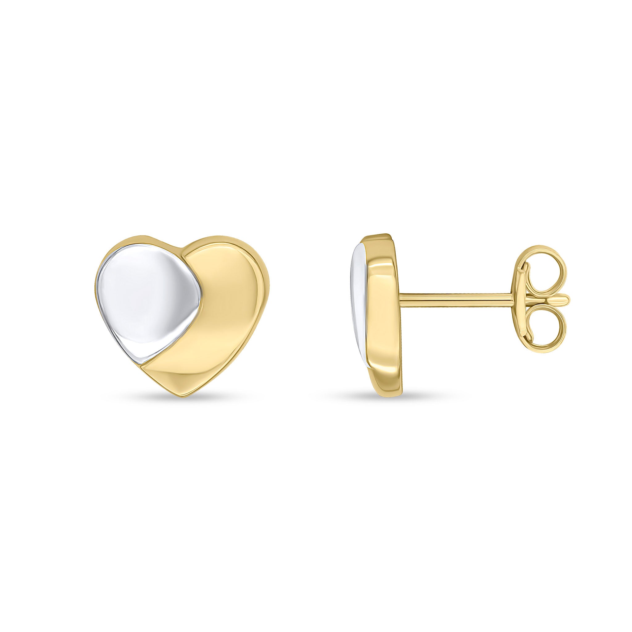 9ct Two Tone Yellow White Gold Polished Overlaid Heart Design Stud Earrings