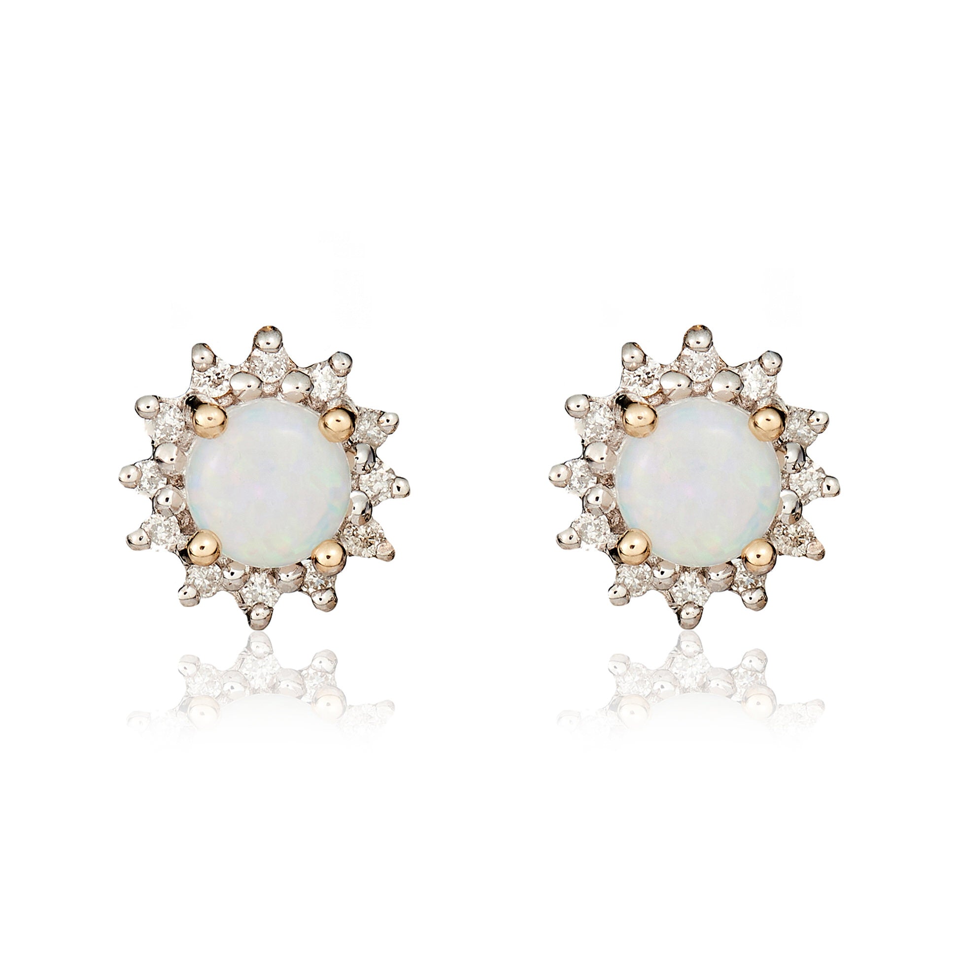 9ct Yellow Gold 4mm Round Opal & Diamond Claw Set Cluster Earrings Rhodium to Diamonds