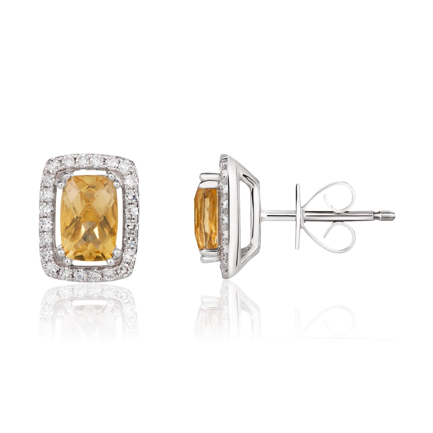 9ct White Gold Cushion Citrine & Diamond Cluster Stud Earrings