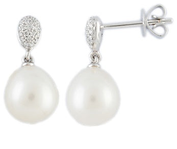 18ct White Gold Cfw Pearl and Pave Diamond Oval Top Drop Earrings